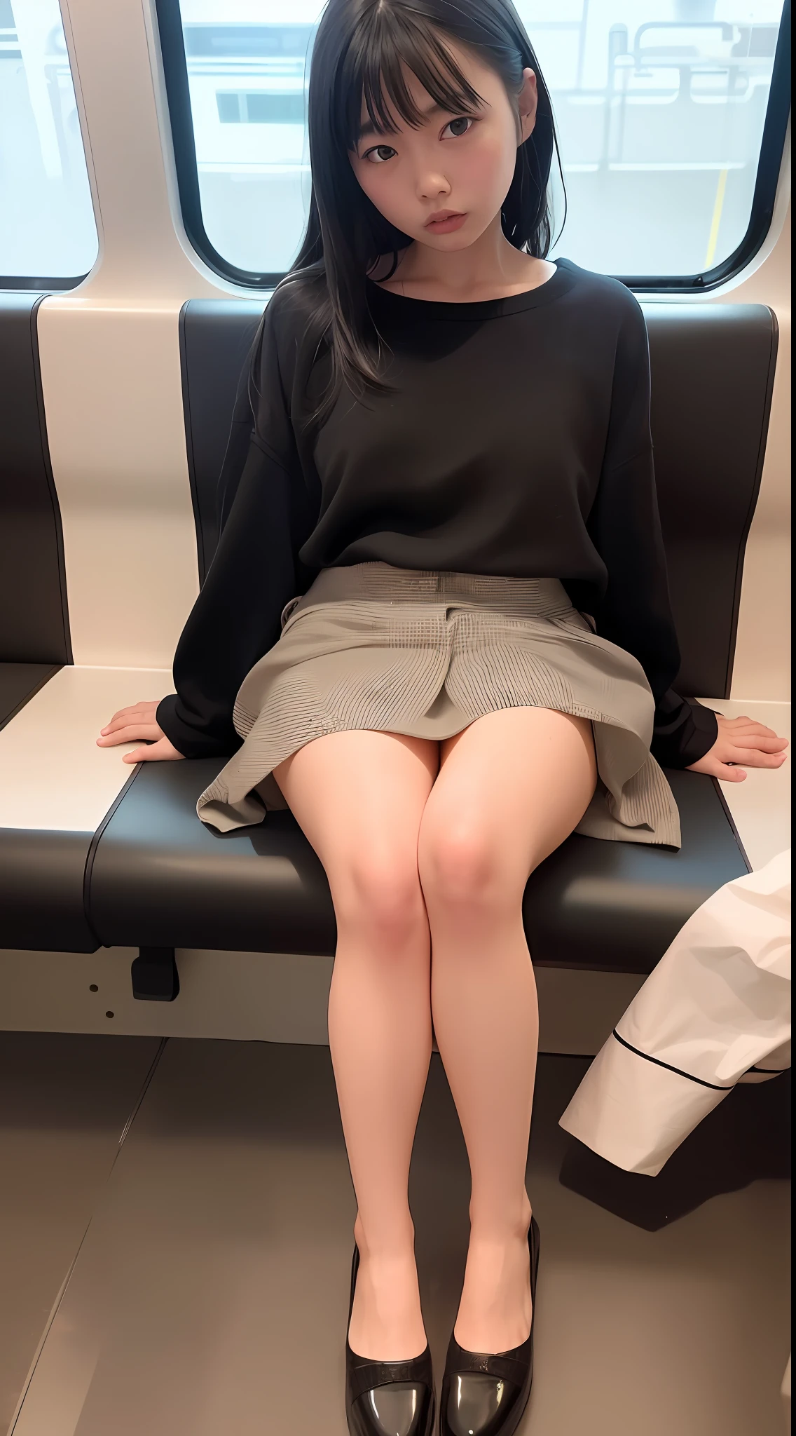 "(Masterpiece, High Definition, Ultra High Definition, 4K) Black hair, 9 years old Japan girl, skirt, thighs, sitting on the train, angle from the bottom face-to-face, sitting on the train seat, sitting in the front, feet on the train floor, full body, sleepy looking down, looking at the viewer only", best quality, ultra high definition, (photorealistic:1.4) ,, high resolution, detail, raw photo, sharp re, Nikon D850 film stock photo by Lee Jefferies 4 kodak portra 400 camera f1.6 lens rich colors hyper realistic lively textures dramatic lighting unreal engine artstation trends cinestir 800,