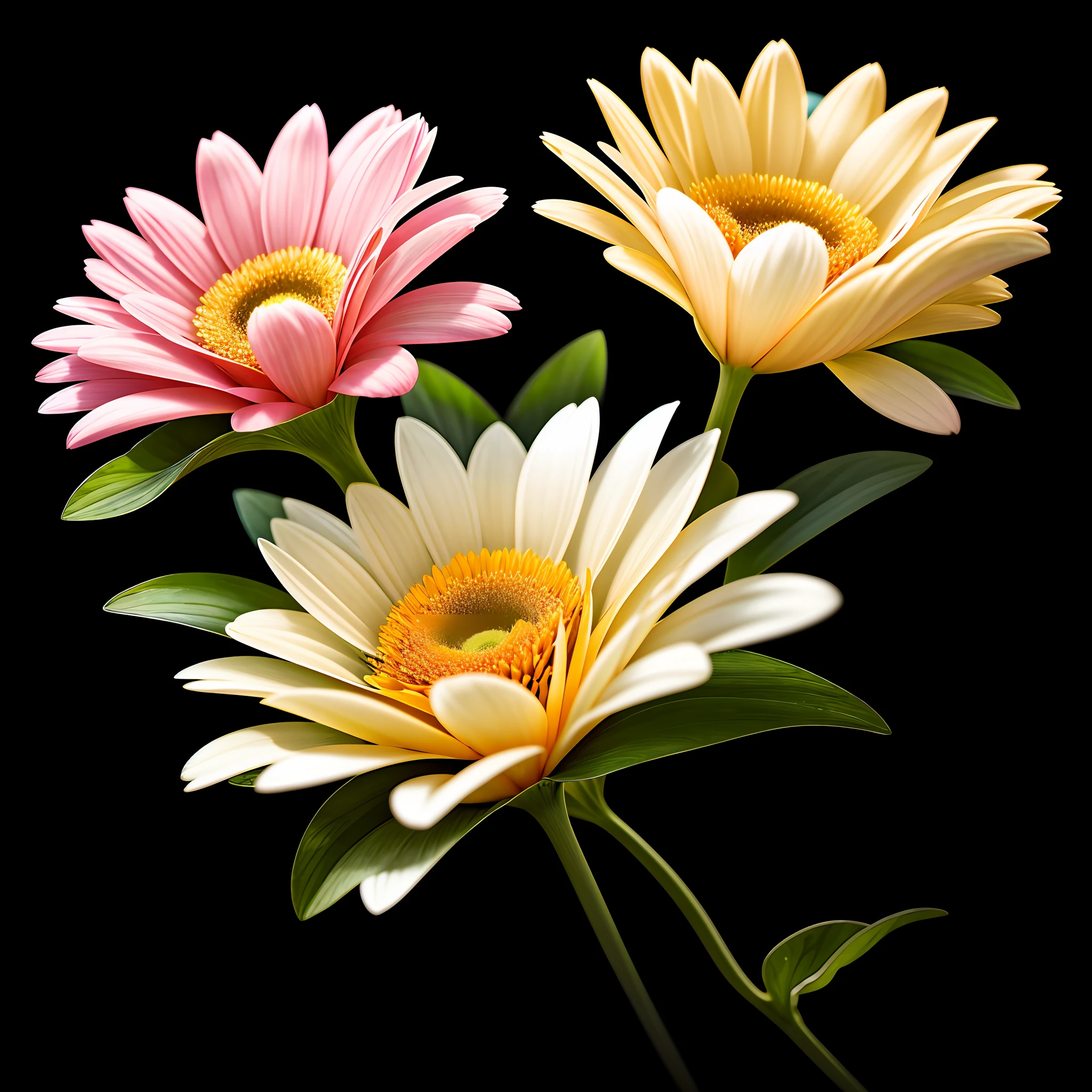 bouquet of delicate flowers Gerbera, super transparent, holy light, beautiful spectral light, petals glow, flashing, dark background, transparent light drops, reflective light, bright, light flowing in, optics, portrait profile, sharp focus, magical, intricate, ultra realistic, fantasy, composition, light, trend in artstation, pearl, silver vapor patronus cloud, family of corrosive enveloping rays, 8k, ureal air 23v4 uplight