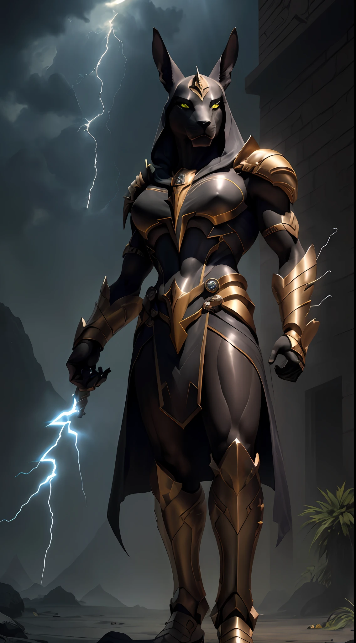 Three quarter view Anubis holding scales with his right hand, fierce eyes, (skindentation:1.5), Realistic, Photorealistic, (masterpiece:1.5), concept art, intricate details, highly detailed, photorealistic, octane render, 8k, unreal engine, dynamic pose, best quality, highres, (realistic face:1.1), (hyperrealistic:1.1), ((full_body)), perfect eyes, (((perfect hands))),((dynamic background)), ((lightning)), (light rays), dark heavy contrast