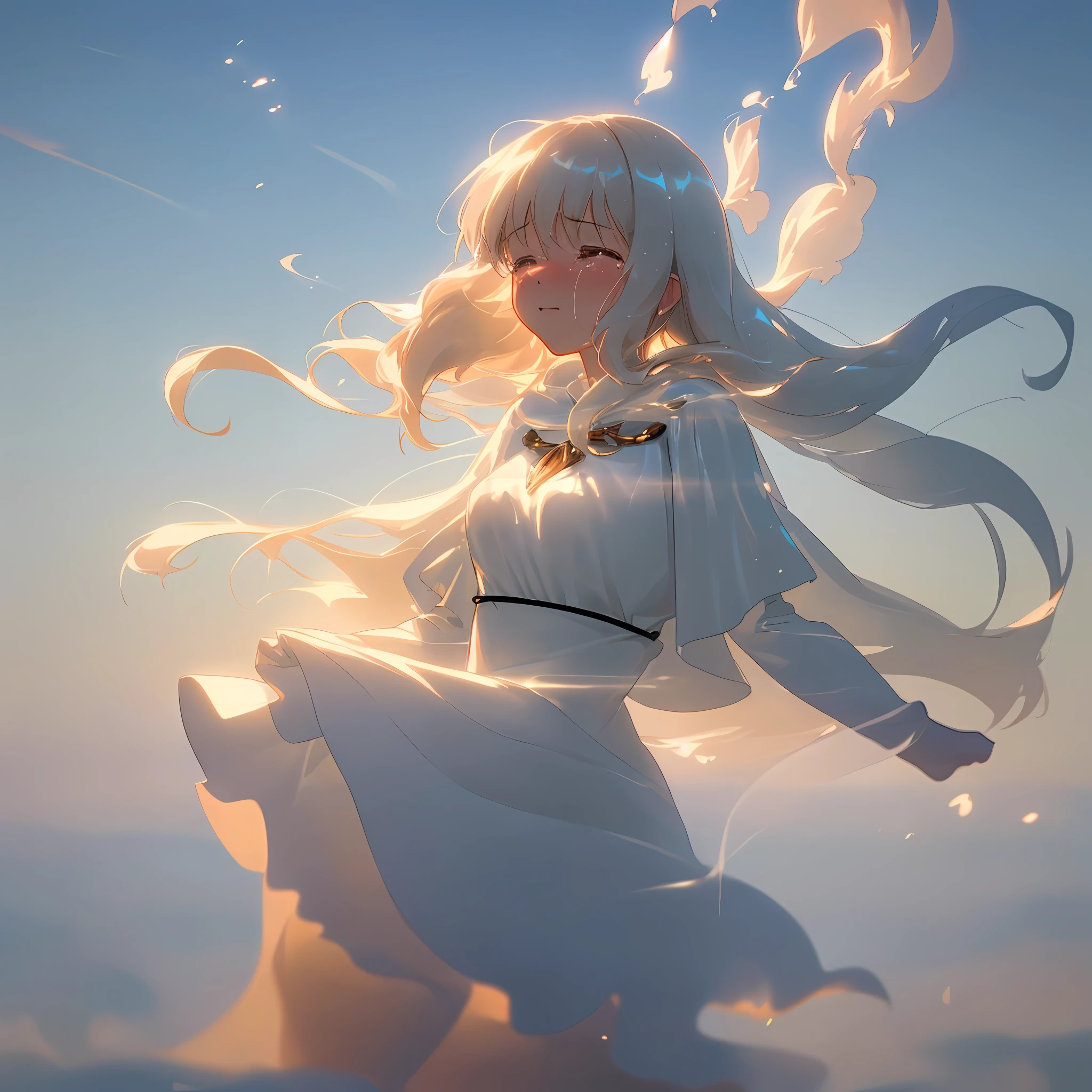 ((extremely detailed CG unity 8k wallpaper)), (((photorealistic))), ((cinematic photography)), masterpiece, original, best quality, cinematic light, dynamic angle, dynamic pose, dynamic composition, ethereal beauty,
Anna is sobbing with tears. As Anna ((floated)) into the ((sky)), her body began to ((dissolve)), as if it were made of ((smoke)) or ((mist)).
her limbs became (((translucent))) and wispy, (((disappearing))) into the air. Her skin seemed to (((shimmer))) and shimmer, as if it were being bathed in a brilliant, otherworldly light.
the outline of Anna's body becoming more and more faint, as if it were being erased from existence. Her hair, once so full and lustrous, now seemed to float and drift, as if it were being carried away by the wind.