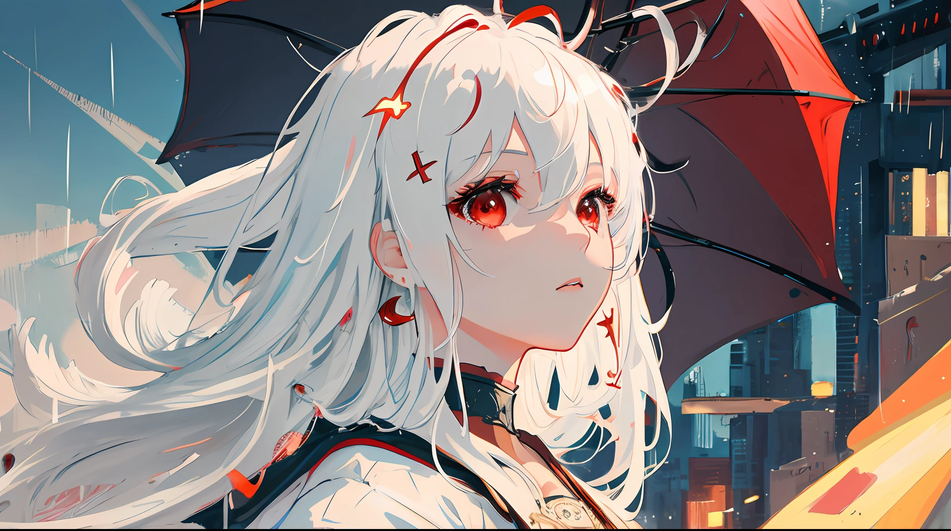 masterpiece, best quality, extremely detailed, cinematic lightning, intricate detail, highres, official art, finely detailed beautiful face and eyes, high resolution illustration, 8k, depth of field, bokeh, solo, 1girl, a girl with white hair and red eyes, long white hair, beautiful red eyes, beautiful landscape, rainy city, upper body, looking at viewer, close up