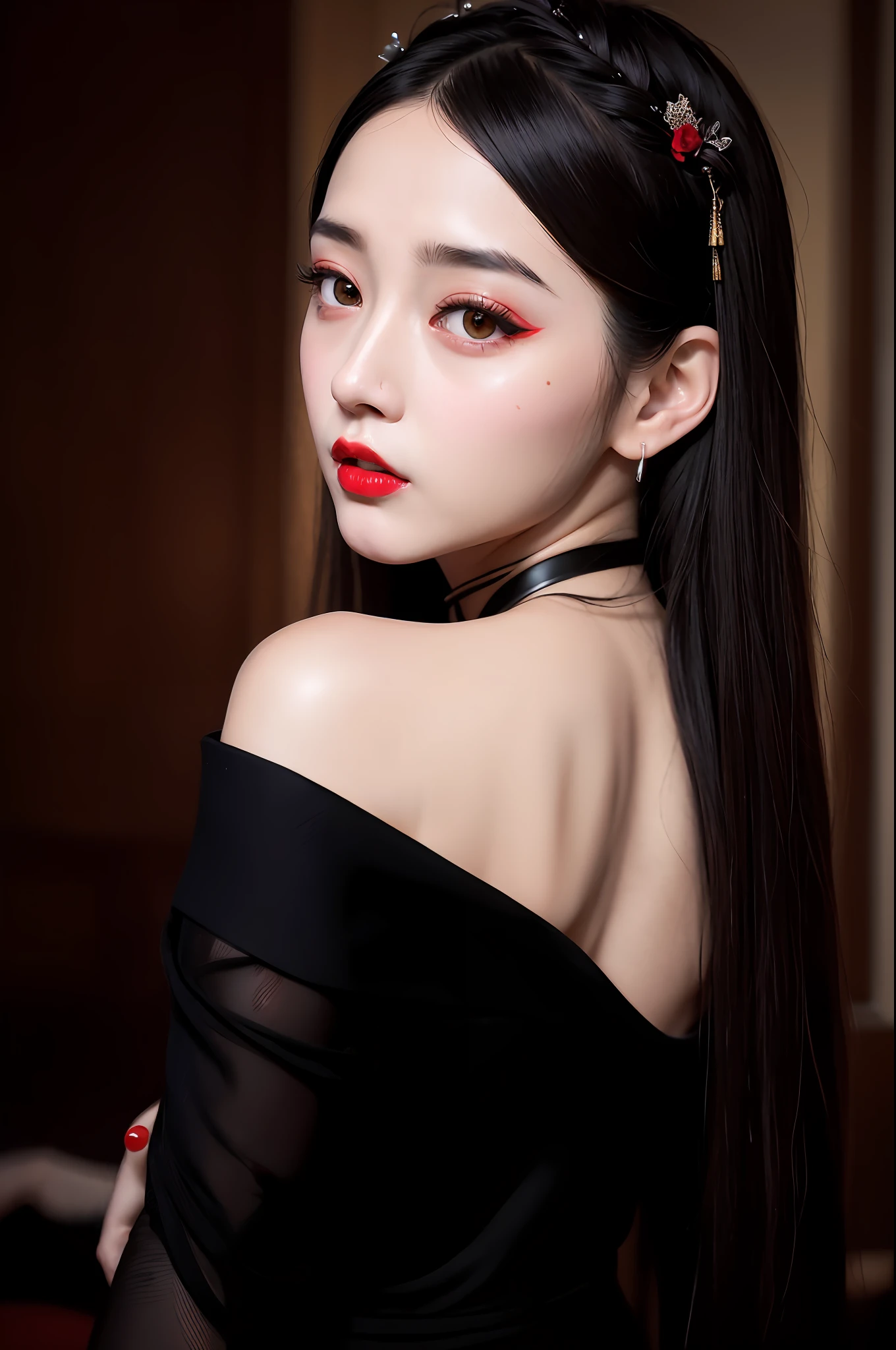 arafed woman with long black hair and red lipstick posing for a picture, dilraba dilmurat, fan bingbing, sha xi, gorgeous chinese model, jingna zhang, ruan jia beautiful!, inspired by Huang Ji, jia, li zixin, inspired by Dai Xi, inspired by Zhang Yan, lu ji, xianxia