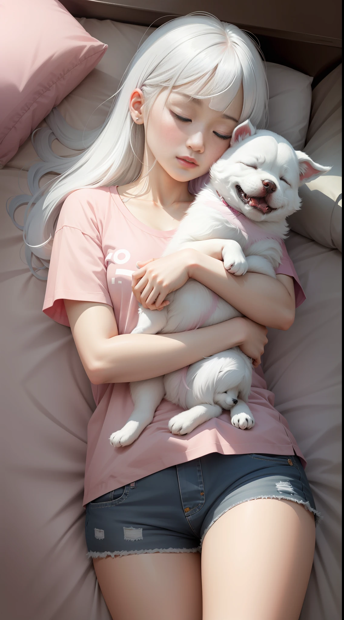 A sleeping Asian woman, 25 years old, realistic, she wears pink 7-point shorts, white t-shirt, white hair. High detail, high resolution. Sleep with puppy in your arms, white skin, hold puppies, hold puppies