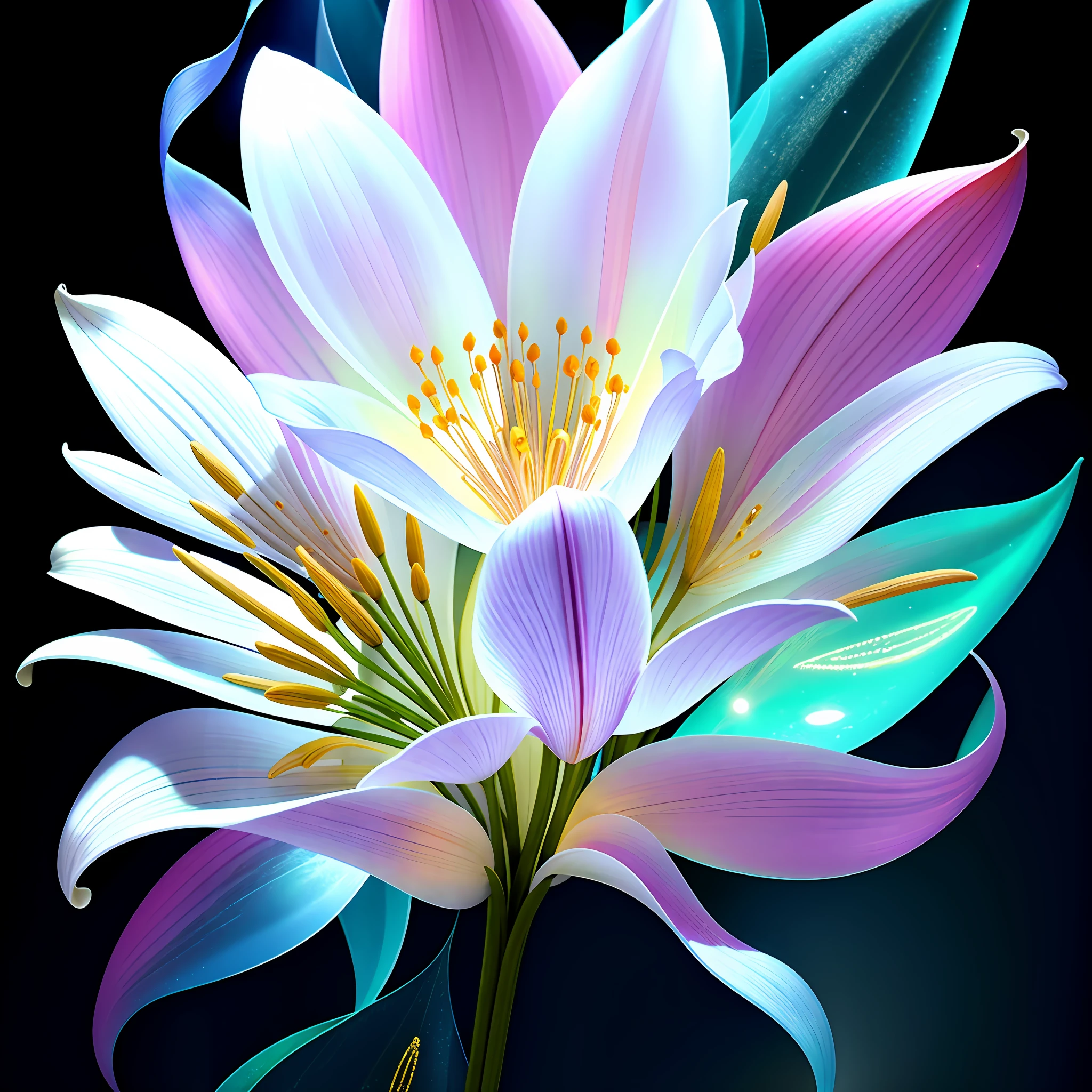 bouquet of delicate flowers Lily, super transparent, holy light, beautiful spectral light, petals glow, flashing, dark background, transparent light drops, reflective light, bright, light flowing in, optics, portrait profile, sharp focus, magical, intricate, ultra realistic, fantasy, composition, light, trend in artstation, pearl, silver vapor patronus cloud, family of corrosive enveloping rays, 8k, ureal air 23v4 uplight