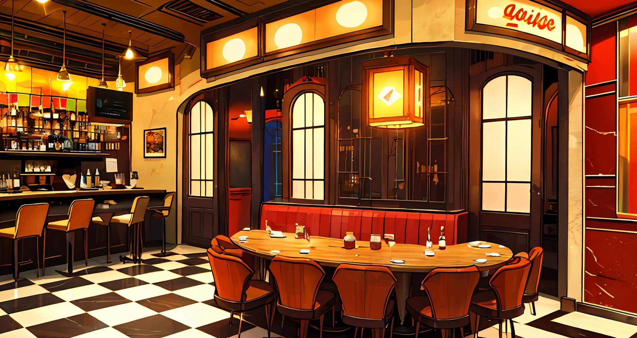 Retro funky restaurant style, marble floor, wooden dining table, warm atmosphere and lights
