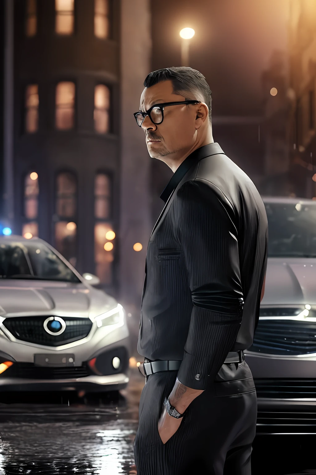 guttonerdvision3, a man in glasses and black suit, detailed face, standing next to a silver gray sedan car, luxurious, on a street with wet ground, night, illuminated buildings. Drawingonrealistic, unreal engine, background blur, 8k, very detailed, strokes of the designer alex ross