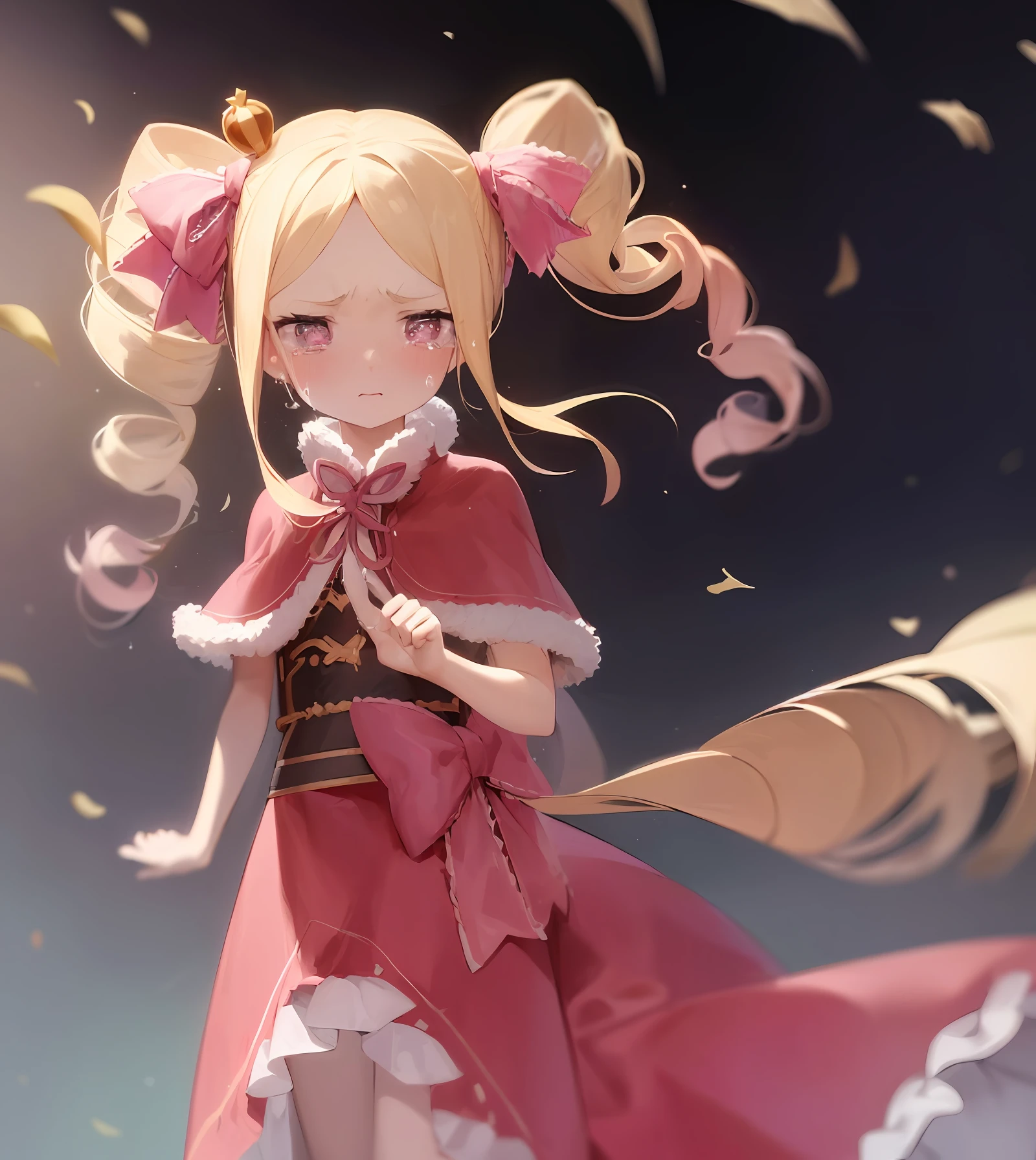 Girl, in a pink dress, shoulder-length blond hair, crying with resentment, 4kk, anime