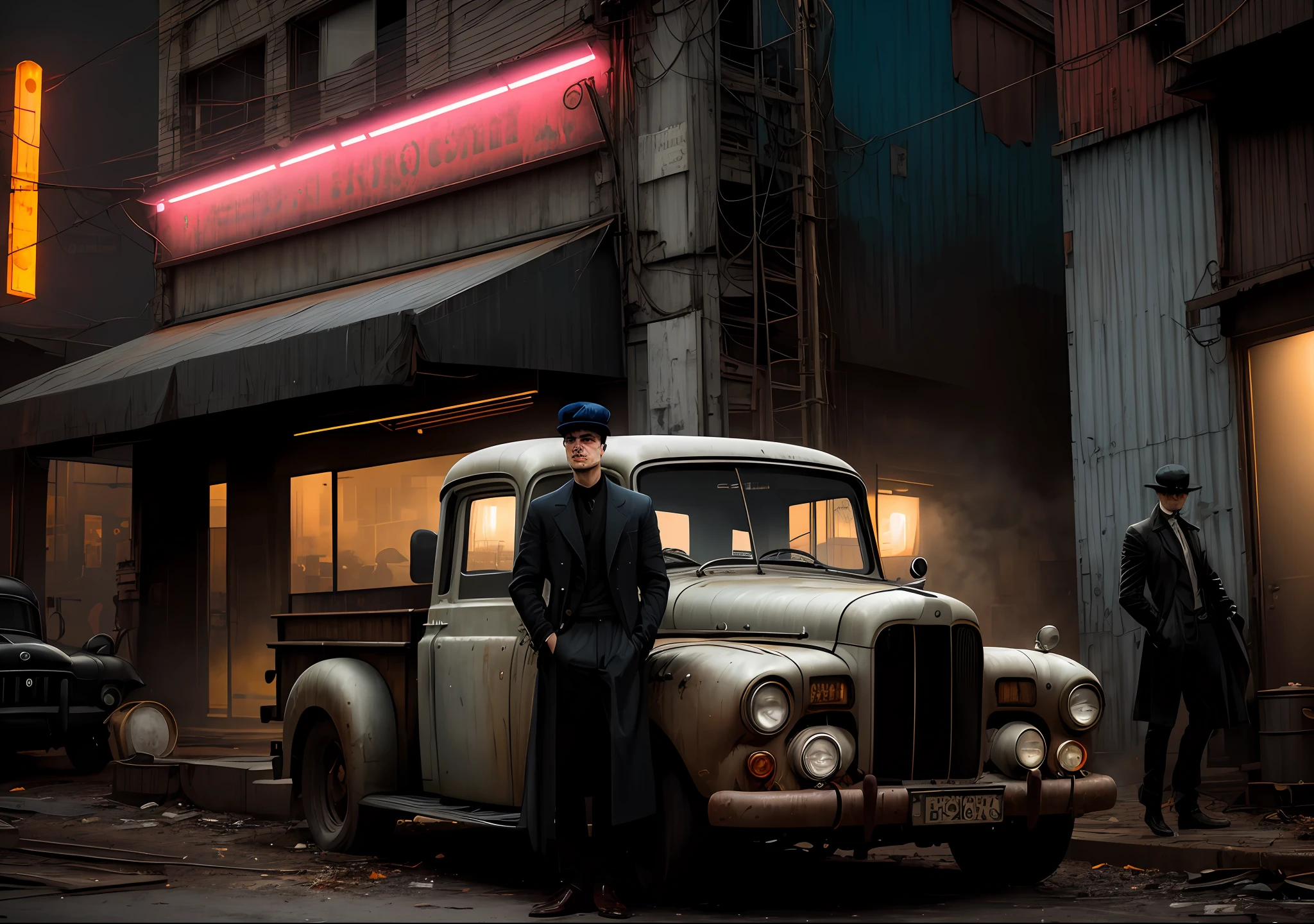Thomas shelby FURIOUS dark: with the body covered, sitting next to an old truck, realistic epic, portrait of halo, atey ghailan, of greg rutkowski, of greg tocchini, of james gilleard, of joe fenton, of kaethe butcher, gradient yellow, color scheme black, brown and magenta, grunge aesthetic!!! Graffiti brand wall background, art by Greg Rutkowski and Artgerm, soft cinematic light, Adobe Lightroom, Photo Lab, HDR, intricate, highly detailed, (depth of field: 1.4), faded, (neutral colors: 1.2), (HDR: 1.4), (soft colors:1.2), hyperdetailed, (Artstation:1.4), cinematic, warm lights, dramatic light, (intricate details:1.1), complex background, (Rutkowski:0.66), (blue and orange:0.4)