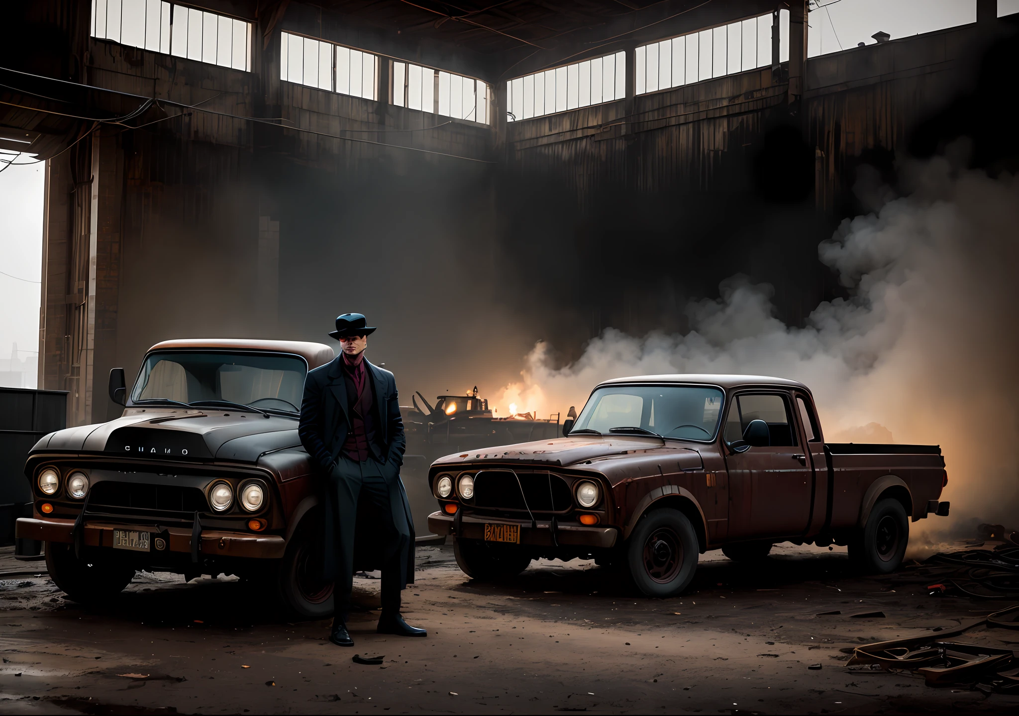Thomas shelby FURIOUS dark: with the body covered, sitting next to an old truck, realistic epic, portrait of halo, atey ghailan, of greg rutkowski, of greg tocchini, of james gilleard, of joe fenton, of kaethe butcher, gradient yellow, color scheme black, brown and magenta, grunge aesthetic!!! Graffiti brand wall background, art by Greg Rutkowski and Artgerm, soft cinematic light, Adobe Lightroom, Photo Lab, HDR, intricate, highly detailed, (depth of field: 1.4), faded, (neutral colors: 1.2), (HDR: 1.4), (soft colors:1.2), hyperdetailed, (Artstation:1.4), cinematic, warm lights, dramatic light, (intricate details:1.1), complex background, (Rutkowski:0.66), (blue and orange:0.4)
