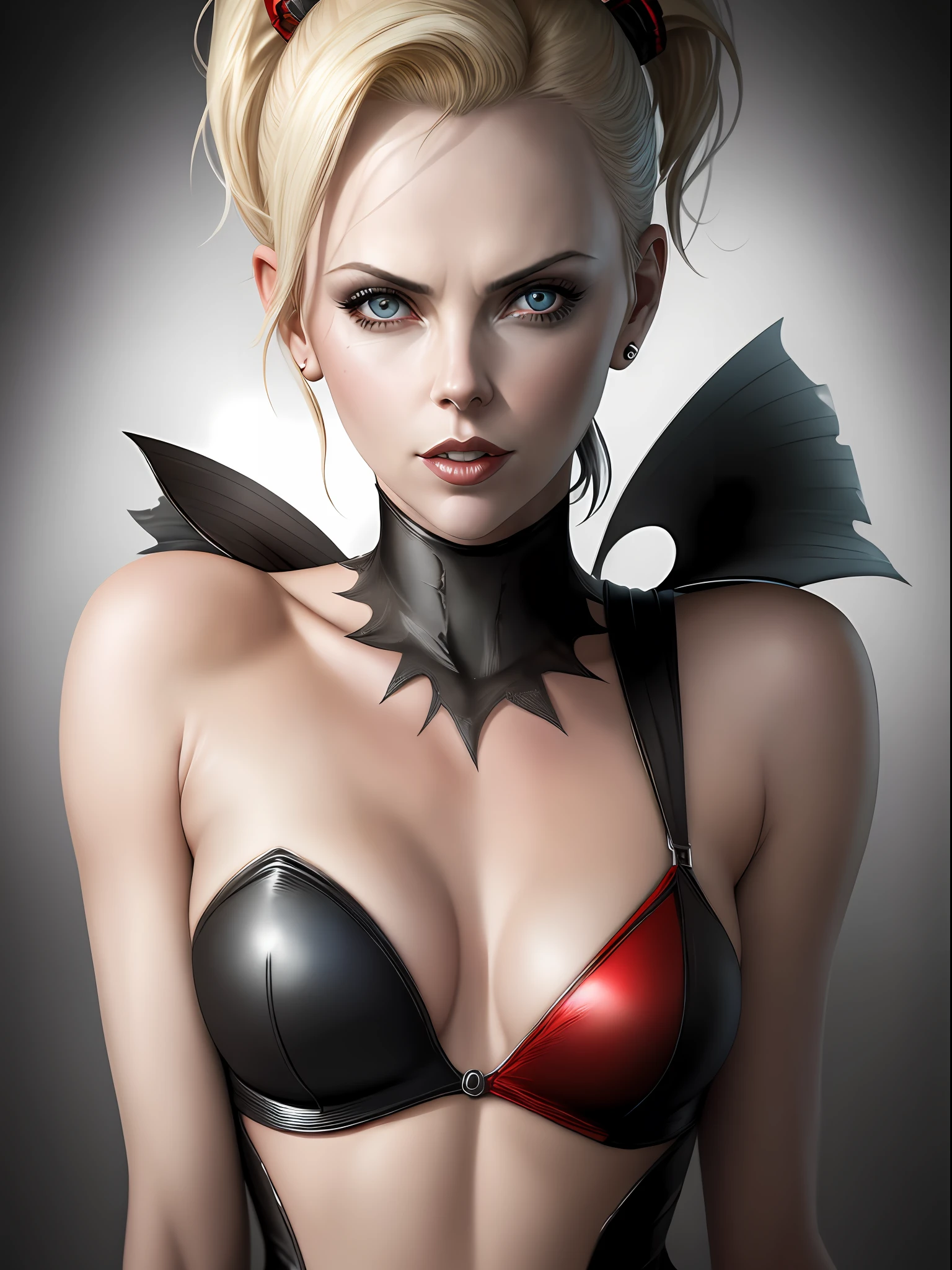 Charlize Theron being harley quinn (best quality), office room, masterpiece, ultra detailed, highest quality photography, 4k quality, best quality, textured skin, anatomically correct, super detail, realistic, realistic eyes, perfect face, perfect eyes, best quality wallpapper, colorful, full body