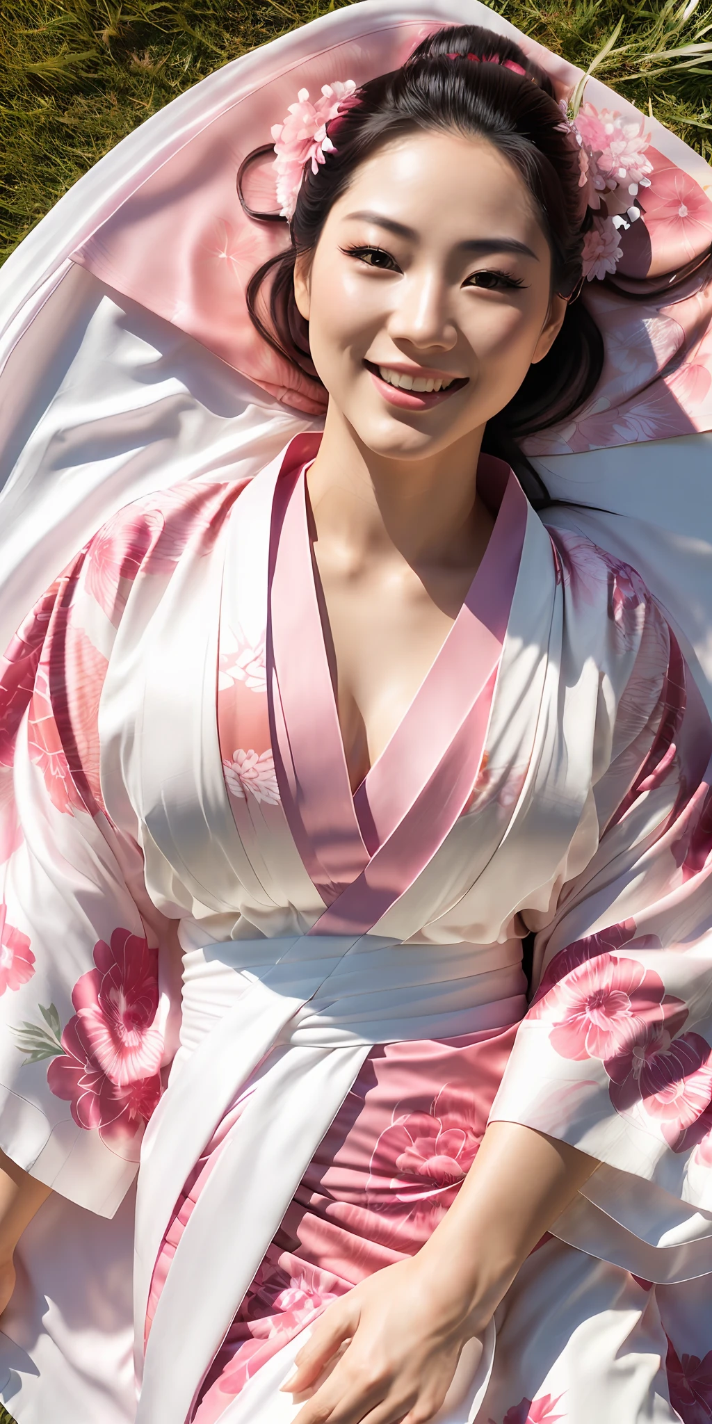 A gorgeous sexy 20-year-old geisha with flowing flowing hair loose,(photorealistic:photorealistic,(8k),(short pink and white erotic kimono, lying on the grass (hyperrealistic:realistic full body), on a sunny day vivid colors, smiling: cheerful features,(texture and environment well detailed perfect lighting).