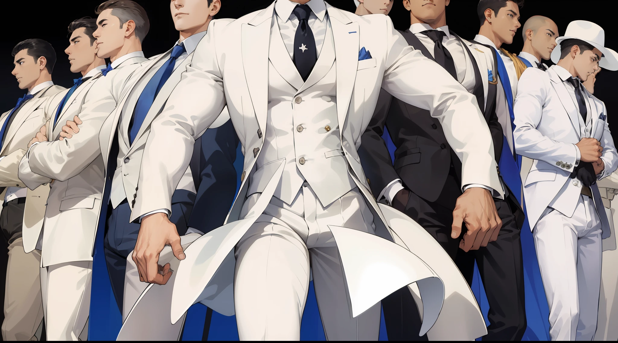 (ridiculous, high resolution, super detailed), detailed background, white suit, large square, group of men in suits