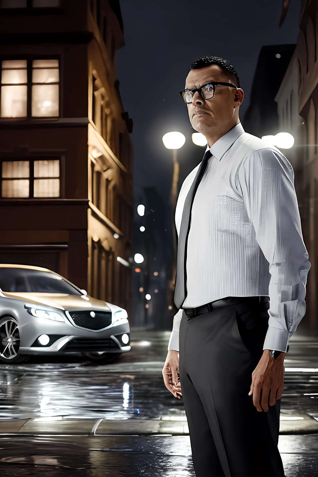 GuttonerdVision3, a man in glasses and black suit, detailed face, standing next to a silver gray sedan car, luxurious, on a street with wet floor, night, illuminated buildings. Realistic drawing, unreal engine, background blur, 8k, very detailed, strokes of designer alex ross.