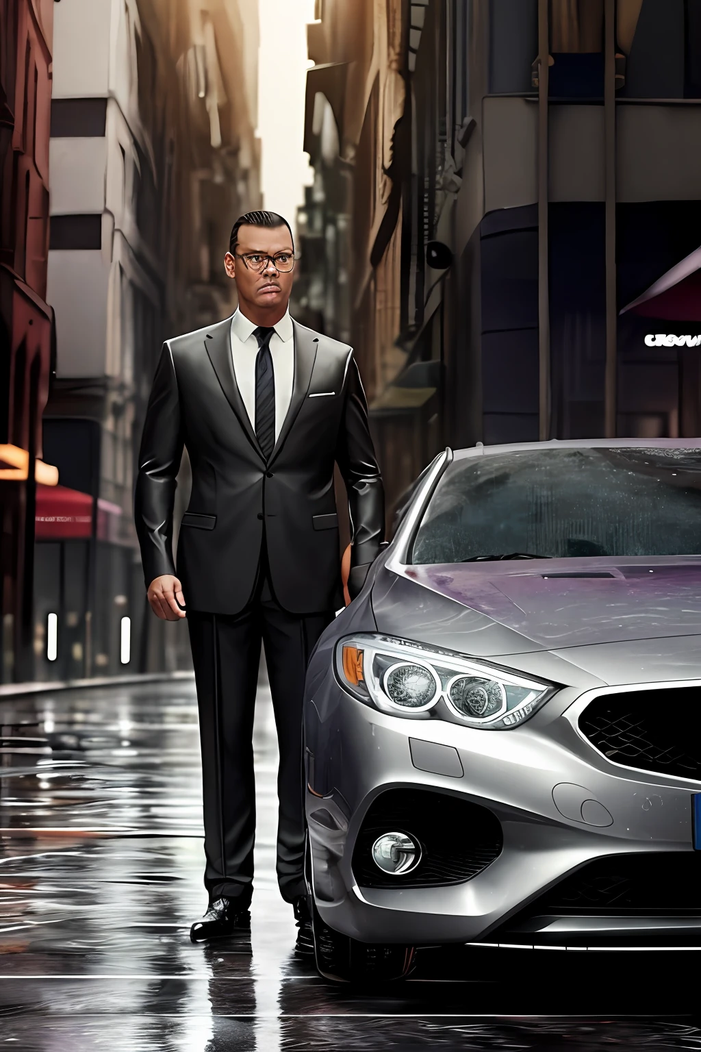 GuttonerdVision3, a man in glasses and black suit, detailed face, standing next to a silver gray sedan car, luxurious, on a street with wet floor, night, illuminated buildings. Realistic drawing, unreal engine, background blur, 8k, very detailed, strokes of designer alex ross.