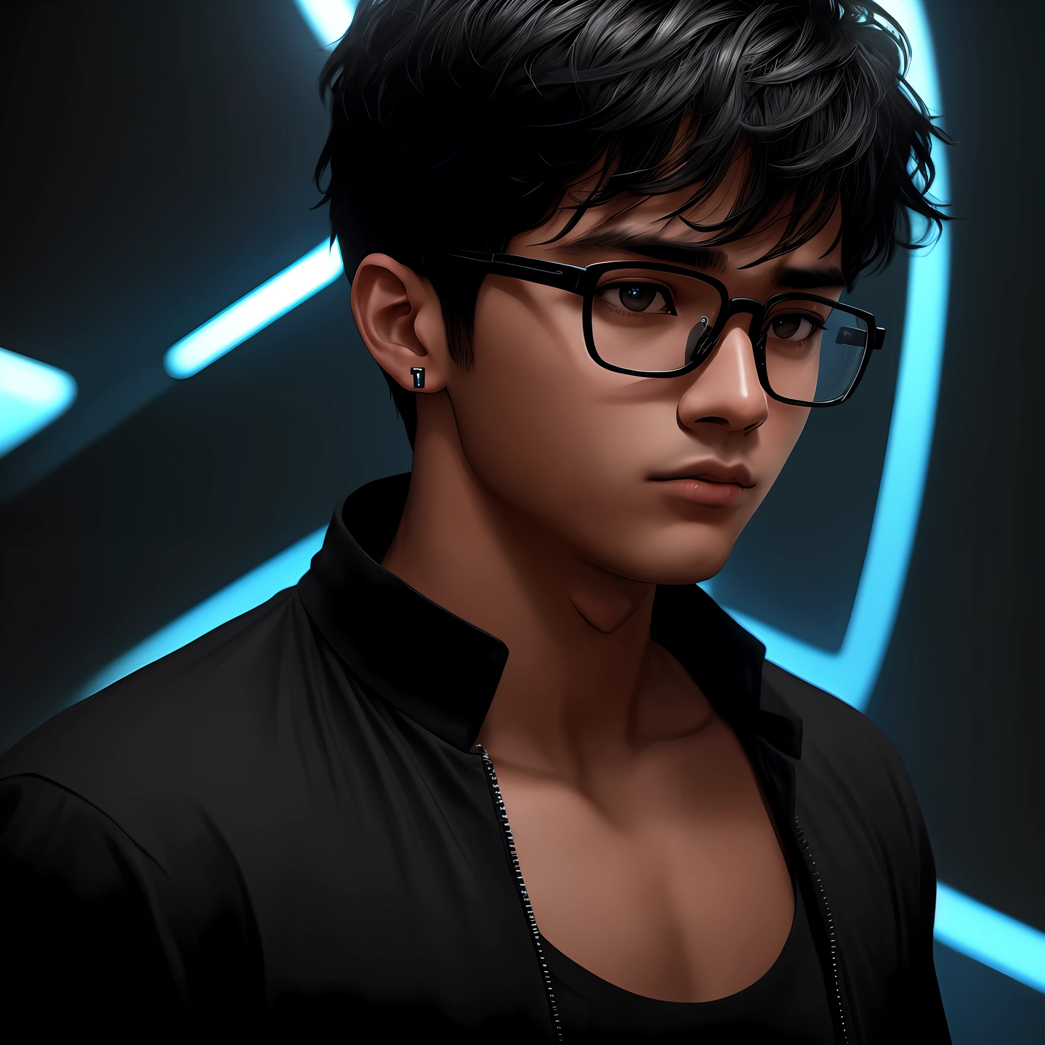 21-year-old male, slightly rounded face, wearing black hexagonal glasses, slanted eyes, brown but slightly light skin tone, basic black t-shirt, wearing gamer headset with blue logo, black hair, black eyes, military hair, digital-art, Dramatic Lighting, Normal Perspective, Soft Focus Filter, Dramatic Scene --chaos 0 --seed 0