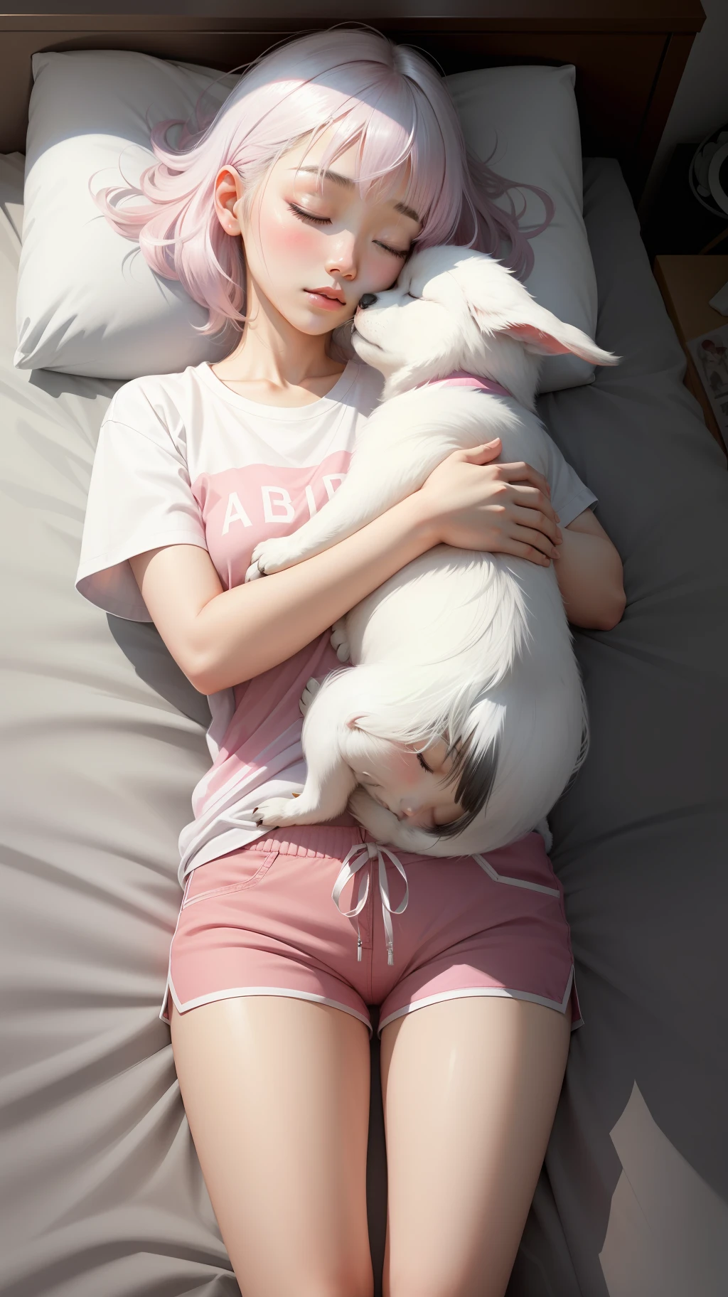 A sleeping Asian woman, 25 years old, realistic, she wears pink 7-point shorts, white t-shirt, white hair. High detail, high resolution. Sleep with puppy in your arms, white skin, hold puppies, hold puppies