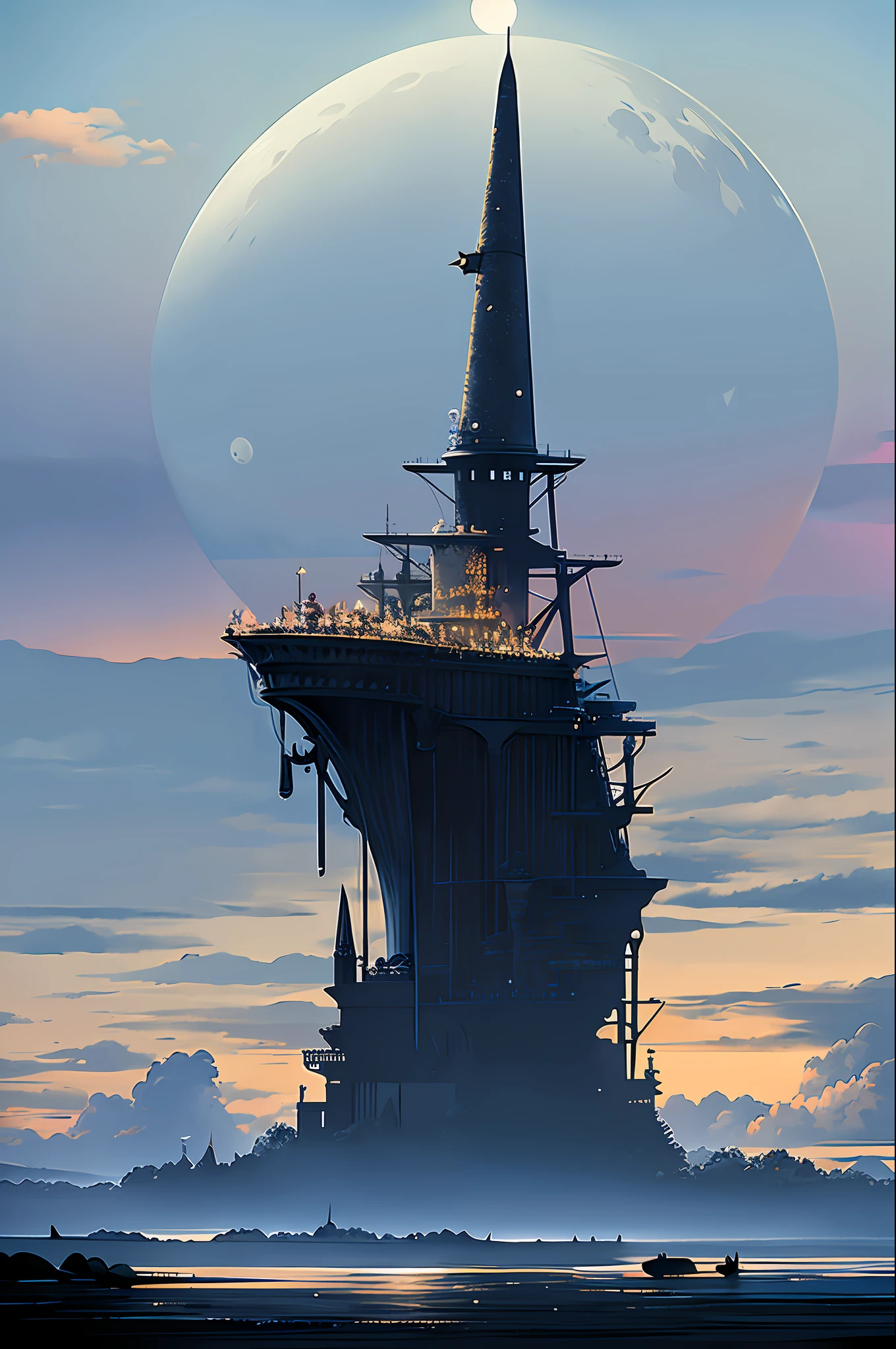 octans, no humans, moon, sky, night, full moon, cloud, whale, outdoors, scenery, night sky, water, watercraft, cloudy sky, building, skeleton, animal.