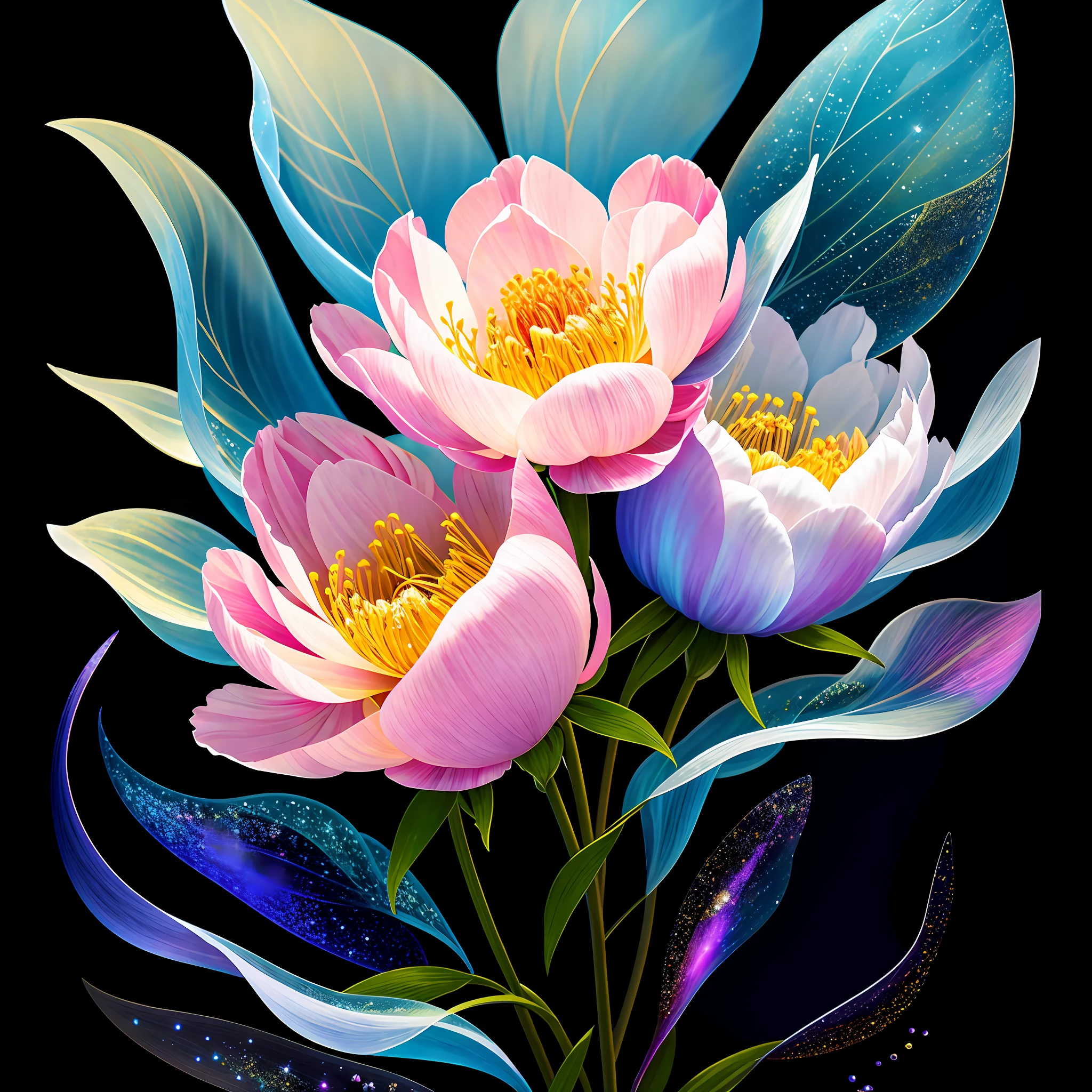 bouquet of delicate flowers Peony, super transparent, holy light, beautiful spectral light, petals glow, flashing, dark background, transparent light drops, reflective light, bright, light flowing in, optics, portrait profile, sharp focus, magical, intricate, ultra realistic, fantasy, composition, light, trend in artstation, pearl, silver vapor patronus cloud, family of corrosive enveloping rays, 8k, ureal air 23v4 uplight