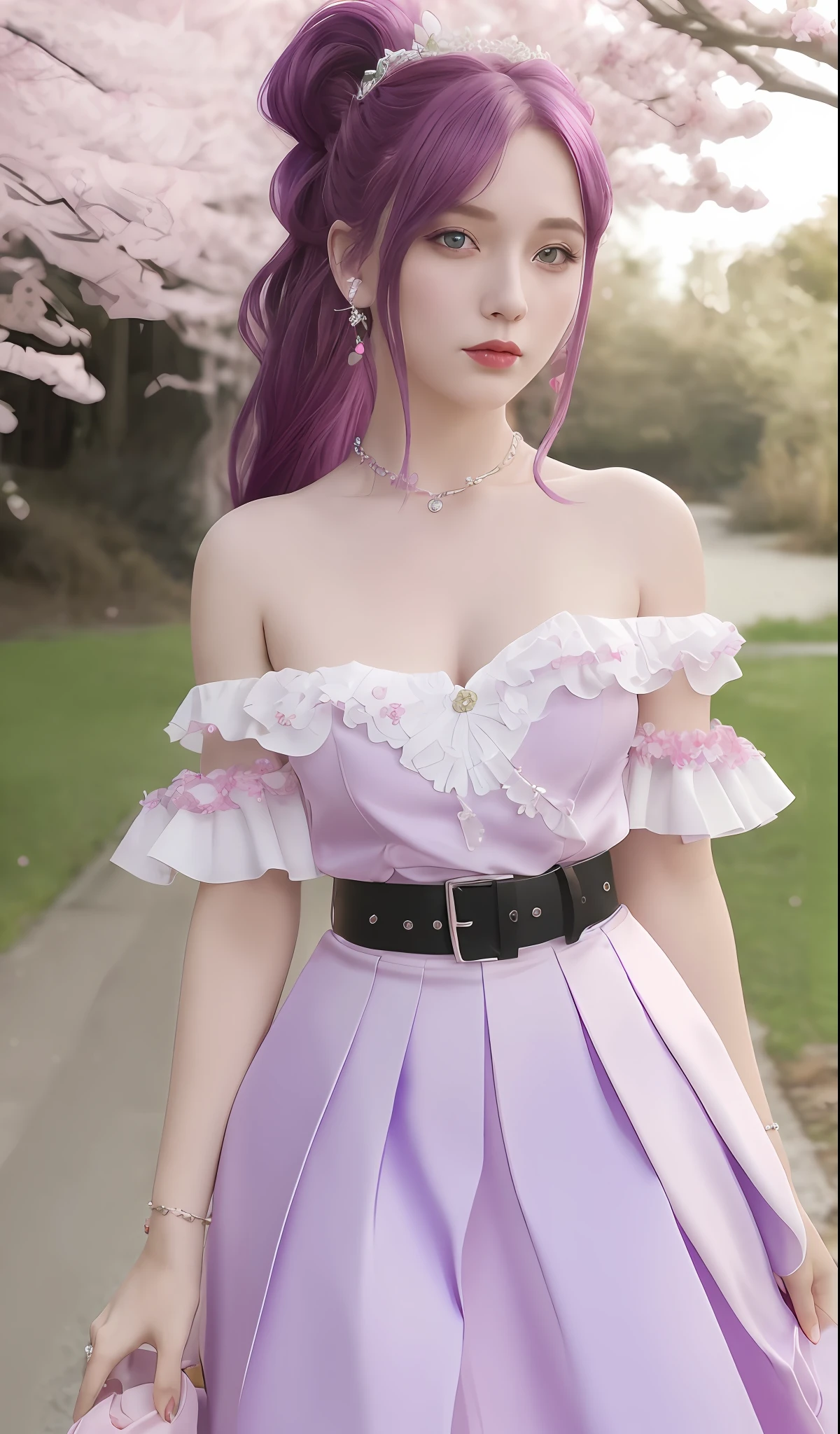 1girl, high quality, 4k, white chiffon skirt, realistic, small white hair, necklace, hair accessories, cleavage, flowers, tiara, cherry blossom background, solo, upper body, ponytail, ornaments, off-the-shoulder, depth of field, collarbone, (blue eyes: 0.62), photo, masterpiece, best quality, girl, medium hair, purple hair, pink hair, red hair, exposed skirt, belt, earrings, jewelry, black collar, beautiful, realistic, cinematic angle, masterpiece, best quality, girl, medium hair,, purple hair, pink hair, red hair, revealing dress, belt, earrings, jewellery, black choker, beautiful, realistic, cinematic angle,