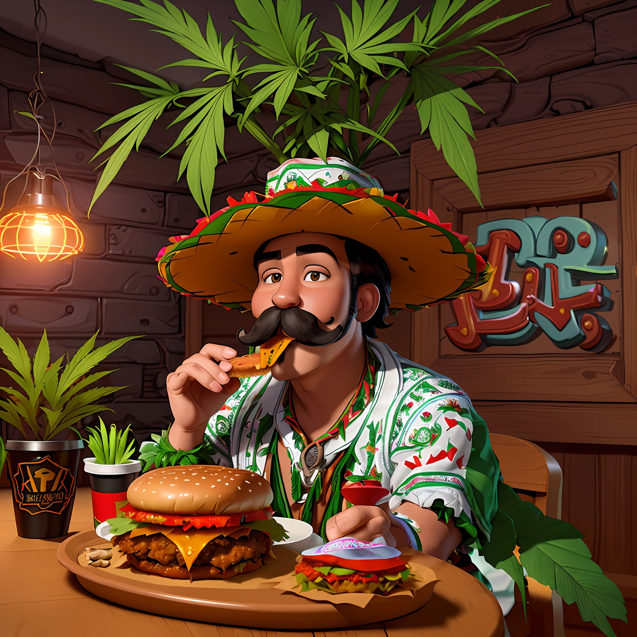 8k, (Mexican), (large black mustache),, (traditional Mexican costume, with marijuana leaves drawn), (sombrero hat), (pixar animation style), (full frontal photo), (eat hamburger), (hamburger with marijuana inside), (marijuana plants), (drugs and weapons on the table), (pigcop in the background of the image), (intricate details), (lighting), (specular highlight), (unreal engine 3), (visual effects), (lighting technology).