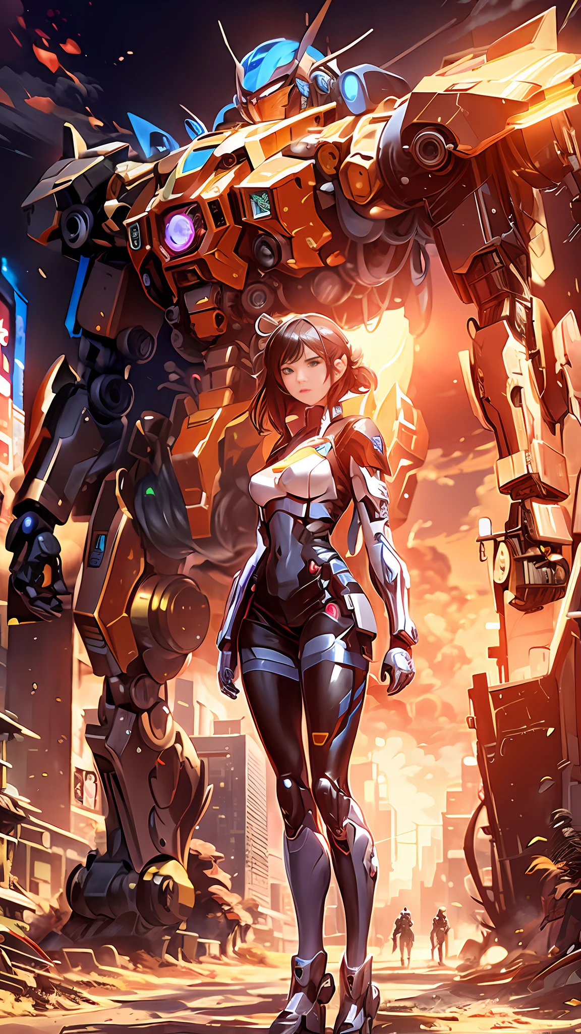 a close up of a woman standing in front of a giant robot, female mecha, cyberpunk anime girl mech, wojtek fus, girl in mecha cyber armor, cgsociety and fenghua zhong, [ trending on cgsociety ]!!, mecha asthetic, mecha art, cool mecha style, mecha human