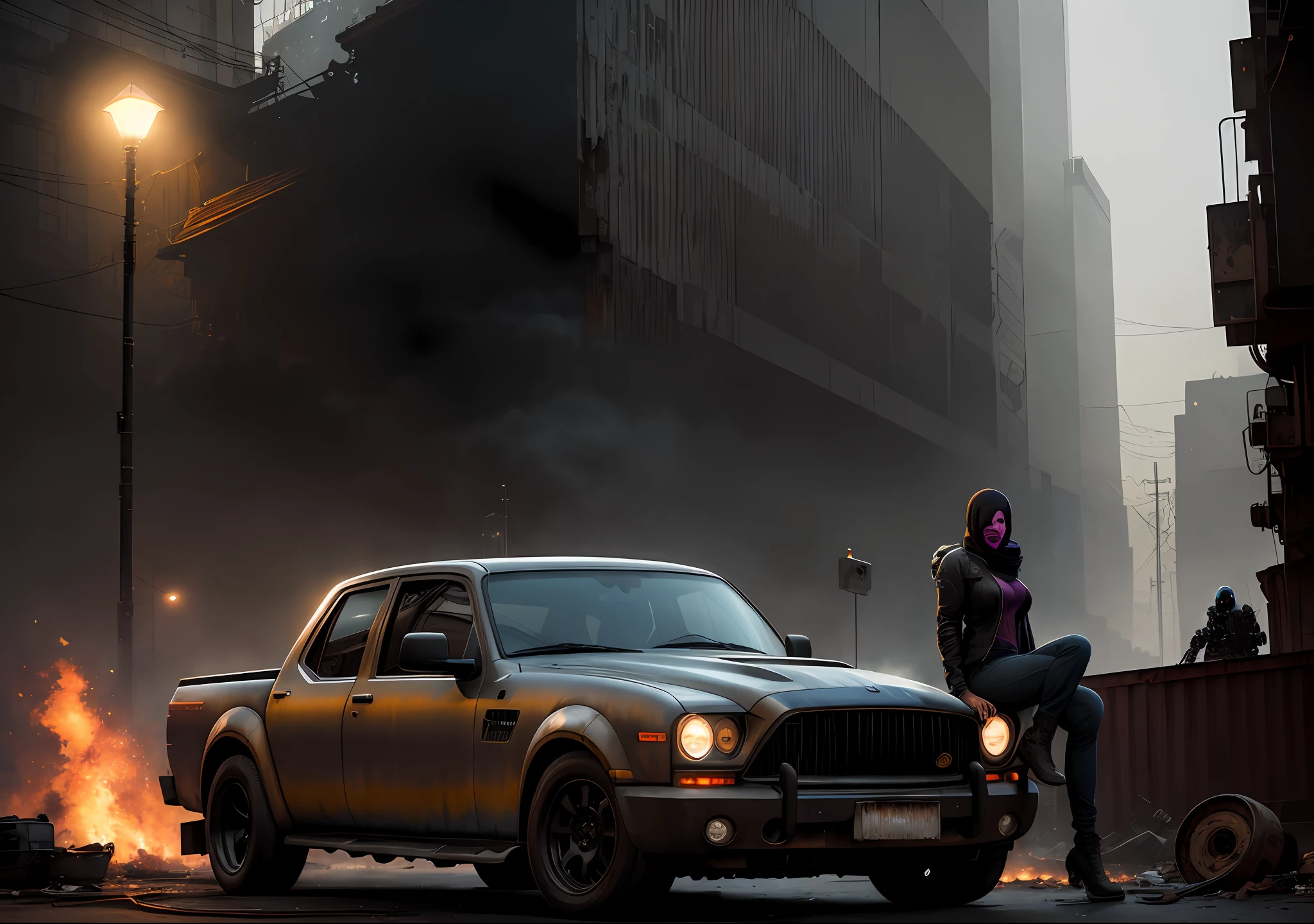 MORGAN FREEMAN FURIOUS dark: with the body covered, sitting next to an old truck, realistic epic, portrait of Halo, Atey Ghailan, Greg Rutkowski, Greg Tocchini, James Gilleard, Joe Fenton, Kaethe Butcher, yellow gradient, black, brown and magenta color scheme, grunge aesthetic!!! Graffiti brand wall background, art by Greg Rutkowski and Artgerm, soft cinematic light, Adobe Lightroom, Photo Lab, HDR, intricate, highly detailed, (depth of field: 1.4), faded, (neutral colors: 1.2), (HDR: 1.4), (soft colors:1.2), hyperdetailed, (Artstation:1.4), cinematic, warm lights, dramatic light, (intricate details:1.1), complex background, (Rutkowski:0.66), (blue and orange:0.4)