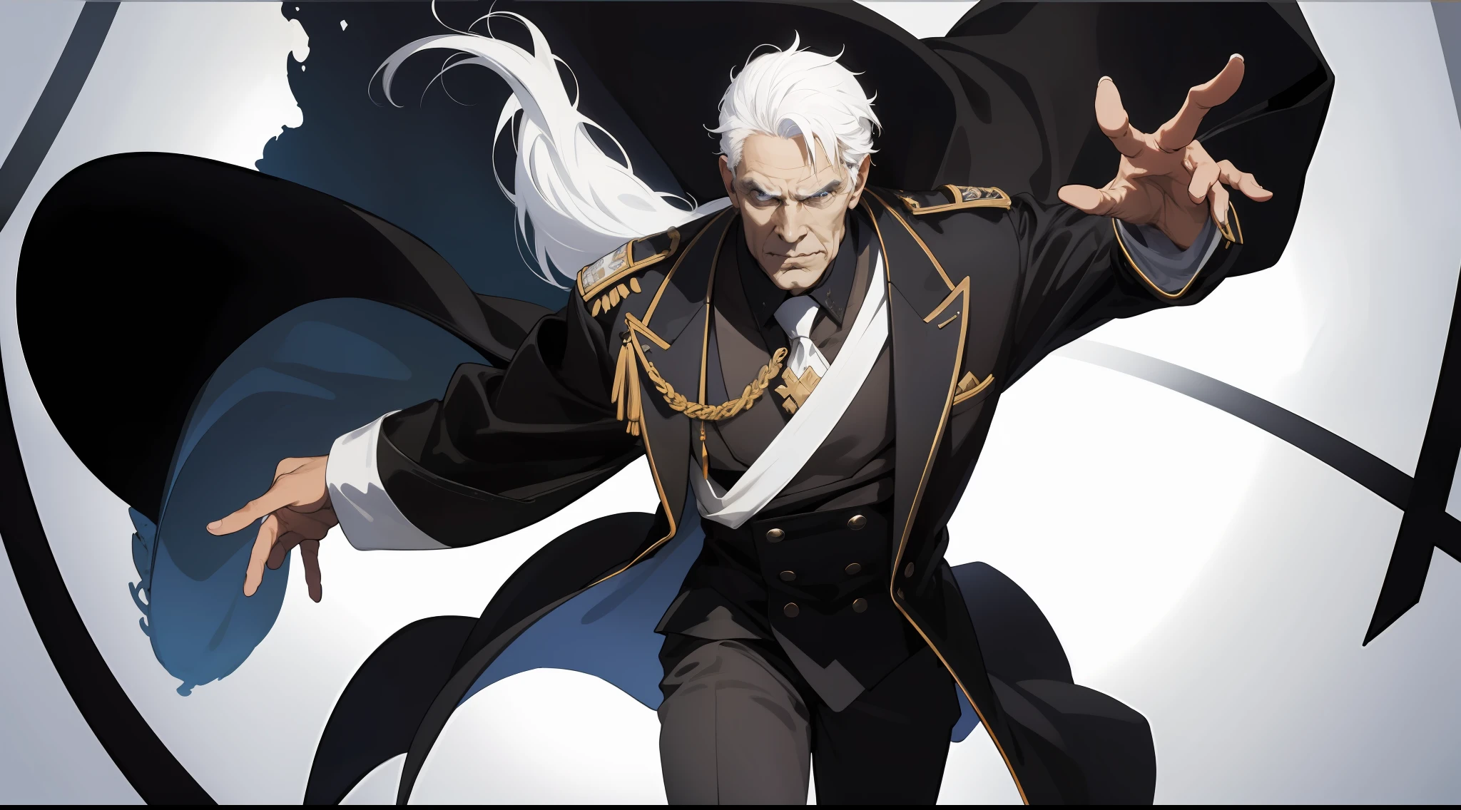 (ridiculous, high resolution, super detailed), detailed background, evil miracle costume, large square, old man in black with white hair