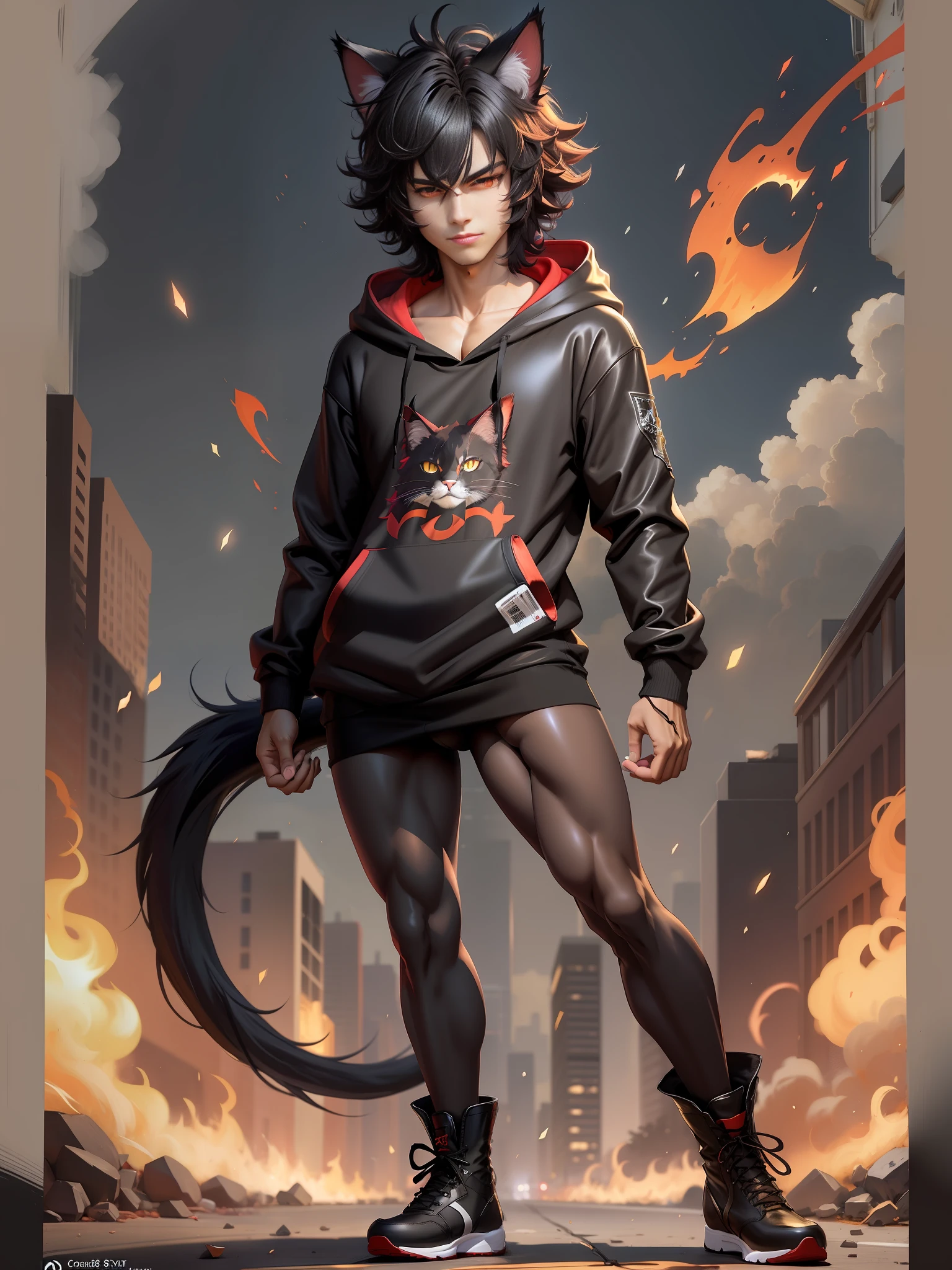 cat-boy, toned, sharp big cat ears, cat tail, big black messy hair, extremely vibrant red eyes, HD, masterpiece, vibrant, slim dark black hoodie, full body view, neutral face, black thigh socks, combat boots.