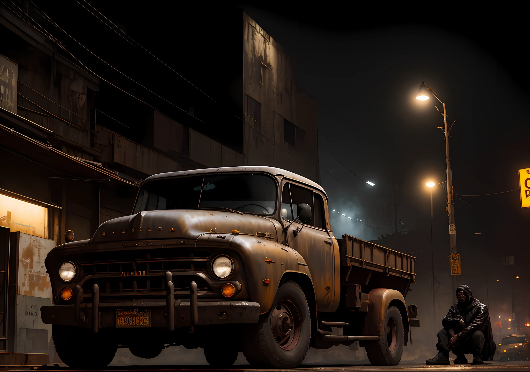 DENZEL WASHINGTON DARK PHOTO: With the body covered, sitting next to an old truck, realistic epic, portrait of halo, atey ghailan, by Greg Rutkowski, by Greg Tocchini, by James Gilleard, by Joe Fenton, by Kaethe Butcher, yellow gradient, black, brown and magenta color scheme, grunge aesthetic!!! Graffiti brand wall background, art by Greg Rutkowski and Artgerm, soft cinematic light, Adobe Lightroom, Photo Lab, HDR, intricate, highly detailed, (depth of field: 1.4), faded, (neutral colors: 1.2), (HDR: 1.4), (soft colors:1.2), hyperdetailed, (Artstation:1.4), cinematic, warm lights, dramatic light, (intricate details:1.1), complex background, (Rutkowski:0.66), (blue and orange:0.4)