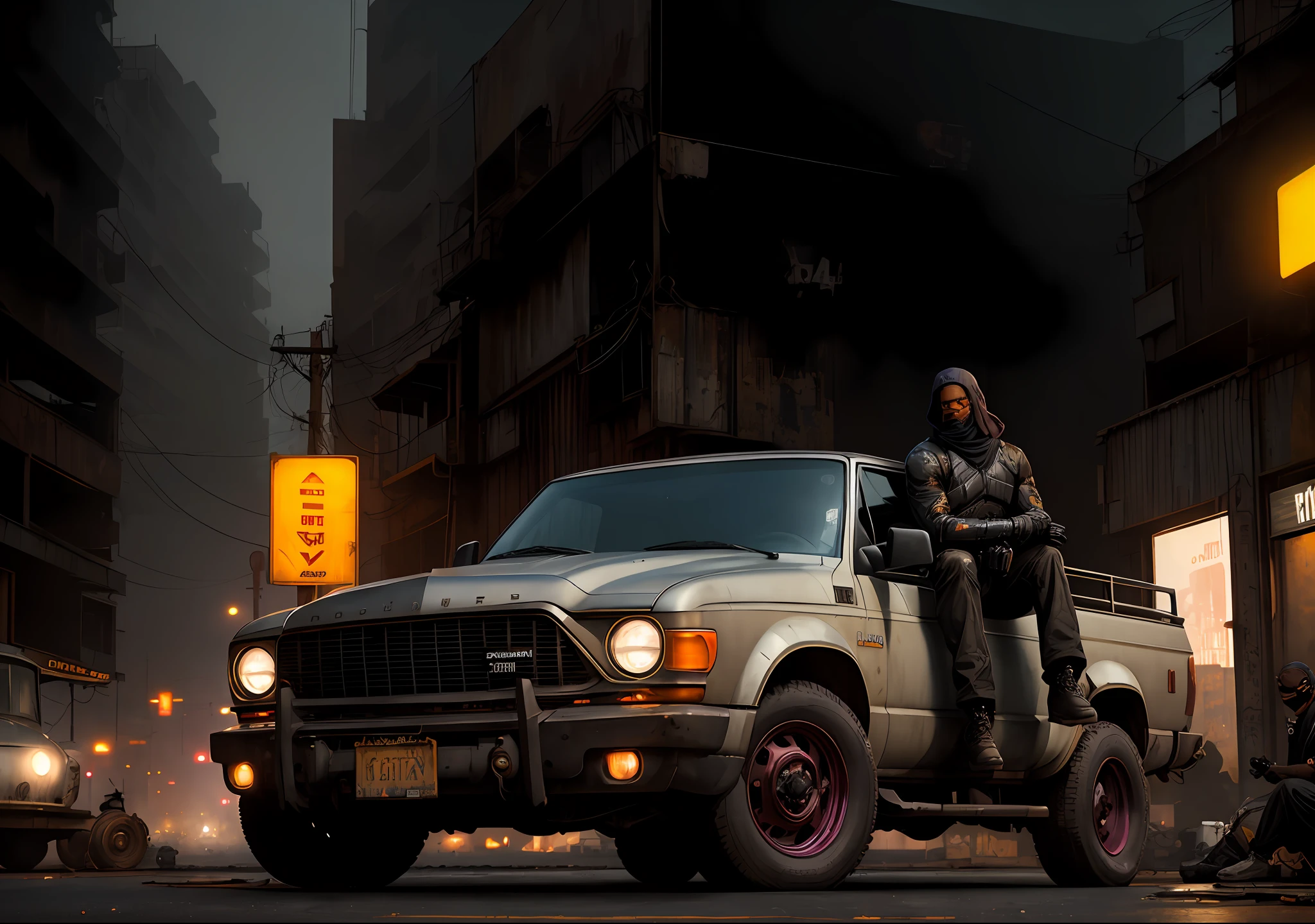 DENZEL WASHINGTON DARK PHOTO: With the body covered, sitting next to an old truck, realistic epic, portrait of halo, atey ghailan, by Greg Rutkowski, by Greg Tocchini, by James Gilleard, by Joe Fenton, by Kaethe Butcher, yellow gradient, black, brown and magenta color scheme, grunge aesthetic!!! Graffiti brand wall background, art by Greg Rutkowski and Artgerm, soft cinematic light, Adobe Lightroom, Photo Lab, HDR, intricate, highly detailed, (depth of field: 1.4), faded, (neutral colors: 1.2), (HDR: 1.4), (soft colors:1.2), hyperdetailed, (Artstation:1.4), cinematic, warm lights, dramatic light, (intricate details:1.1), complex background, (Rutkowski:0.66), (blue and orange:0.4)