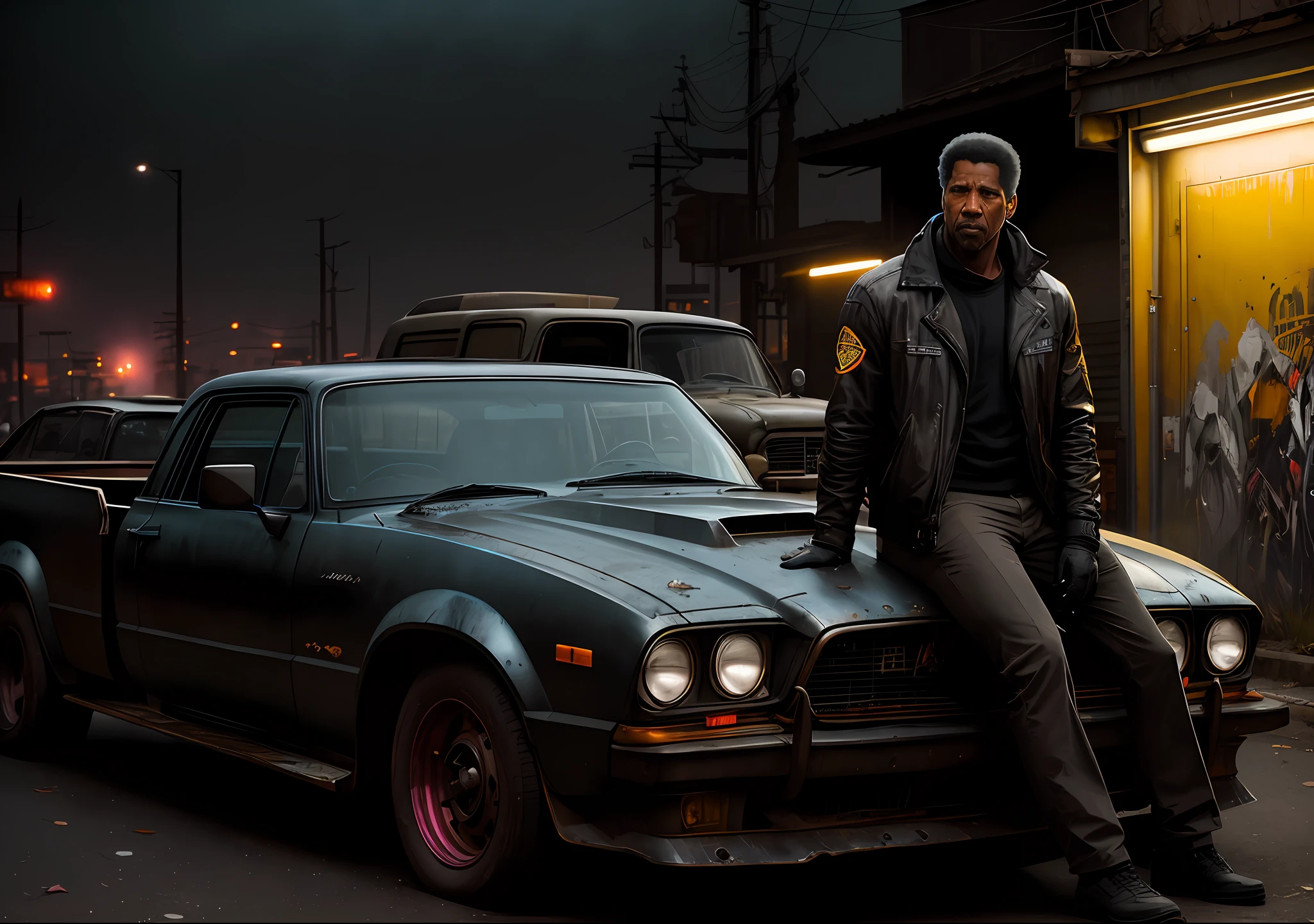 DENZEL WASHINGTON DARK PHOTO: With the body covered, sitting next to an old truck, realistic epic, portrait of halo, atey ghailan, by Greg Rutkowski, by Greg Tocchini, by James Gilleard, by Joe Fenton, by Kaethe Butcher, yellow gradient, black, brown and magenta color scheme, grunge aesthetic!!! Graffiti brand wall background, art by Greg Rutkowski and Artgerm, soft cinematic light, Adobe Lightroom, Photo Lab, HDR, intricate, highly detailed, (depth of field: 1.4), faded, (neutral colors: 1.2), (HDR: 1.4), (soft colors:1.2), hyperdetailed, (Artstation:1.4), cinematic, warm lights, dramatic light, (intricate details:1.1), complex background, (Rutkowski:0.66), (blue and orange:0.4)
