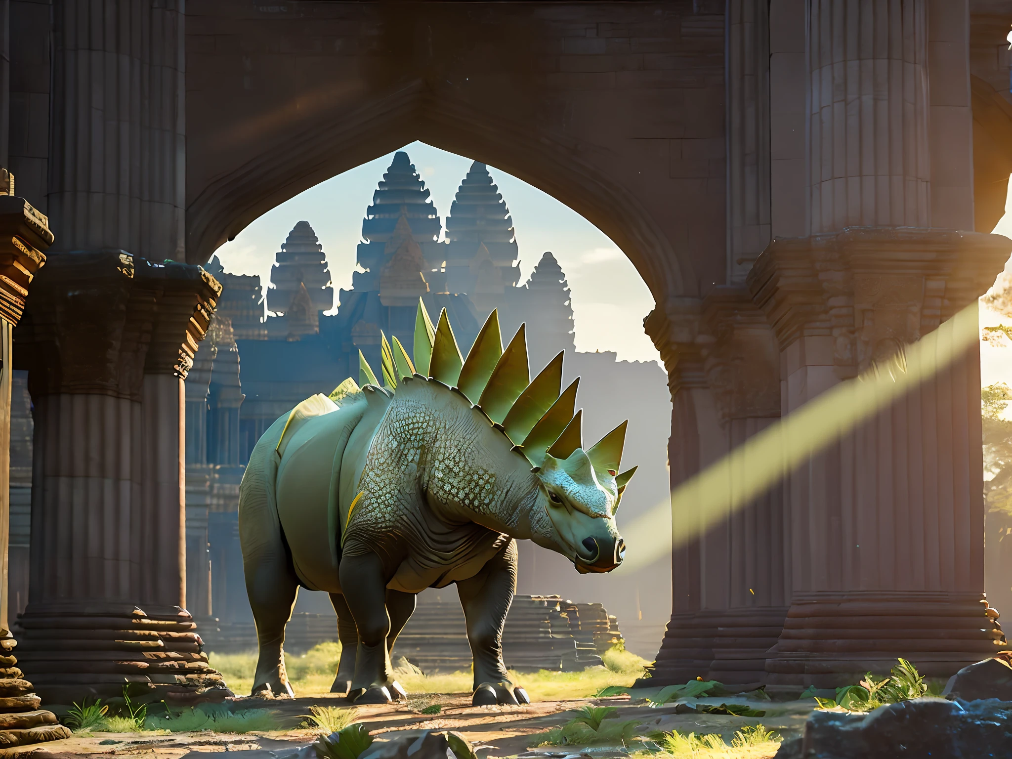 (A stegosaurus grazing peacefully in the ruins of Angkor:1.3 in Cambodia), (mottled green and yellow skin), (big pentangular spines along spine), ultra realistic, amazing photo, 8k, RAW photo, best quality, masterpiece:1.2), (ultra high res, photorealistic:1.4),Cinematic Light,(soft volumetric lighting:1.2), (realistic, photo-realistic:1.37), detailed skin, professional lighting, Photography, Sharp focus, detailed ,professional lighting, photon mapping, detailed and intricate environment,highly detailed,best quality,8k artistic photography, photorealistic concept art, soft natural volumetric cinematic perfect light,MIDJOURNEY,3DMDT