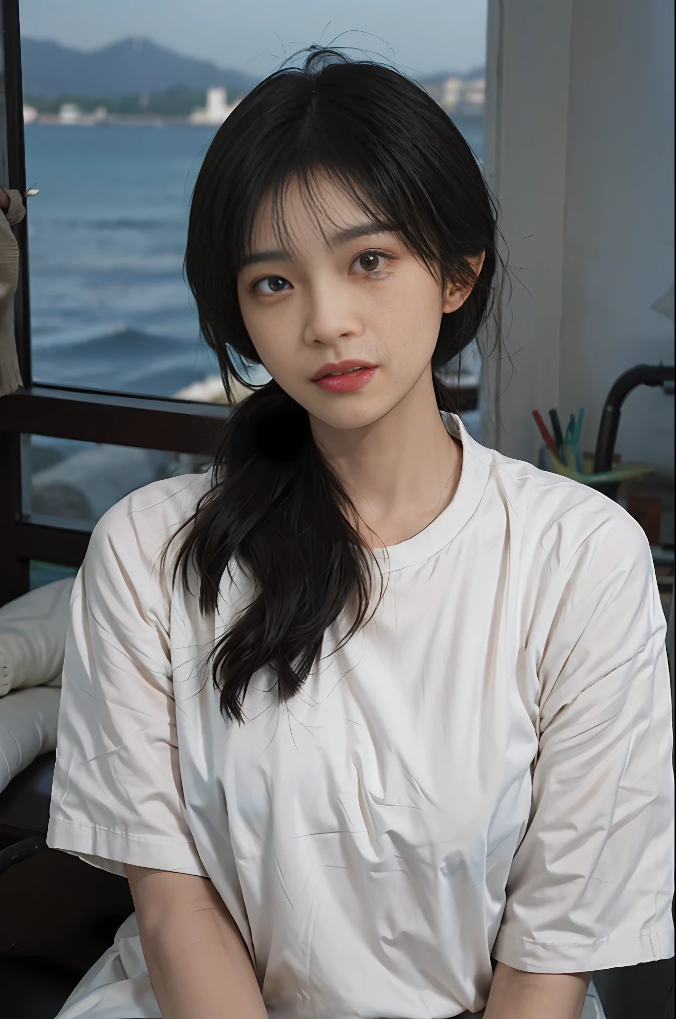 Temperament girl, delicate facial features, bangs, brown ponytail, messy hair, hair is very realistic, wearing a white shirt with short sleeves, the background is the sky, sea view, Du Qiong, exquisite makeup, light red lips, big eyes, double eyelids, black holes, bright eyes, symmetrical face, face is very real, meticulously portrayed the girl's face, blush, super high appearance, looking at the audience, very realistic skin, skin oil reflection, artwork, clothes with real fabric texture, realistic painting, film style, Photography level, ray tracing, realistic light and shadow effects, realism, masterpiece, just like the top photography effect, 8K