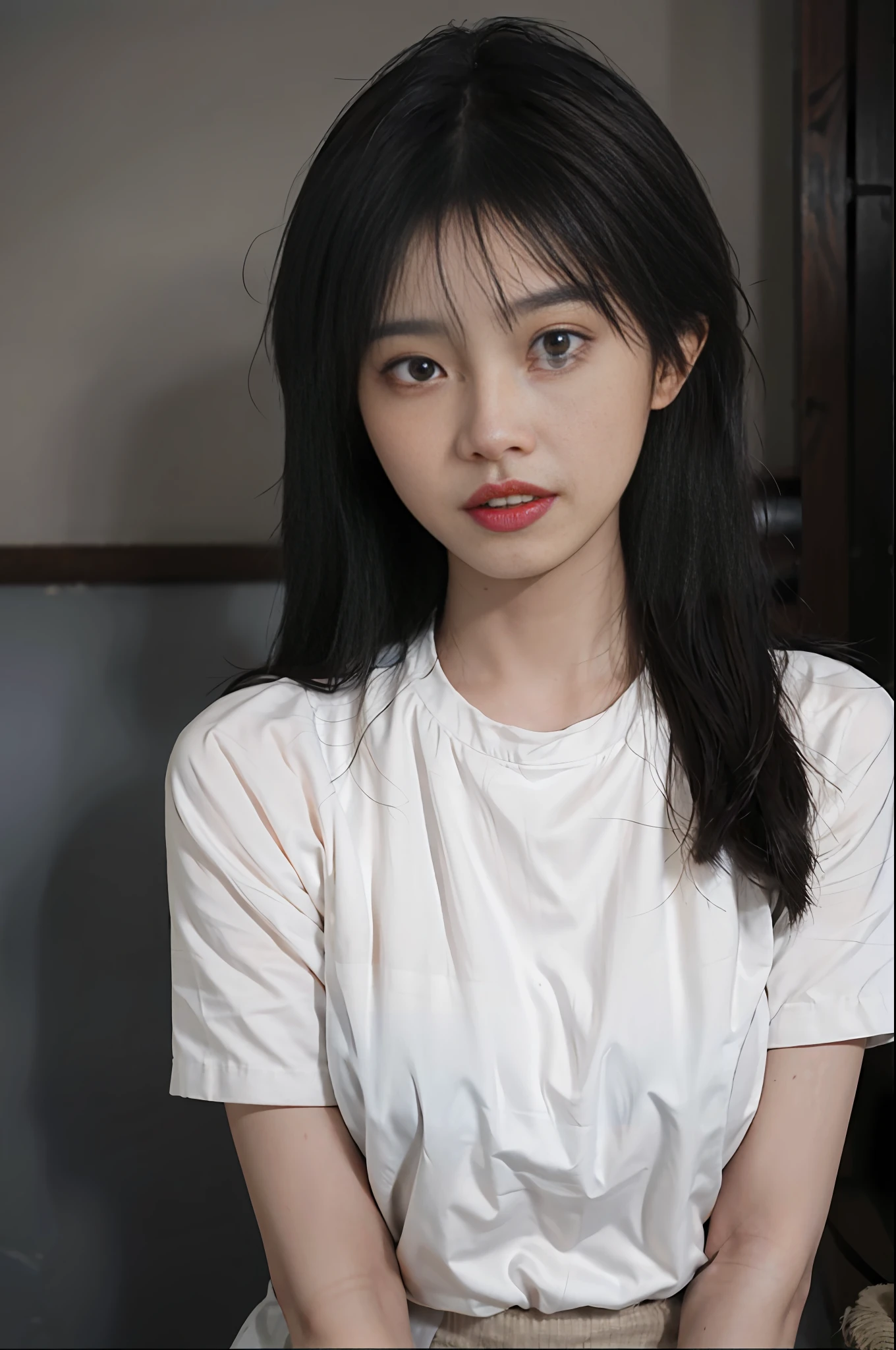 Temperament girl, delicate facial features, bangs, brown ponytail, messy hair, hair is very realistic, wearing a white shirt with short sleeves, the background is the sky, sea view, Du Qiong, exquisite makeup, light red lips, big eyes, double eyelids, black holes, bright eyes, symmetrical face, face is very real, meticulously portrayed the girl's face, blush, super high appearance, looking at the audience, very realistic skin, skin oil reflection, artwork, clothes with real fabric texture, realistic painting, film style, Photography level, ray tracing, realistic light and shadow effects, realism, masterpiece, just like the top photography effect, 8K