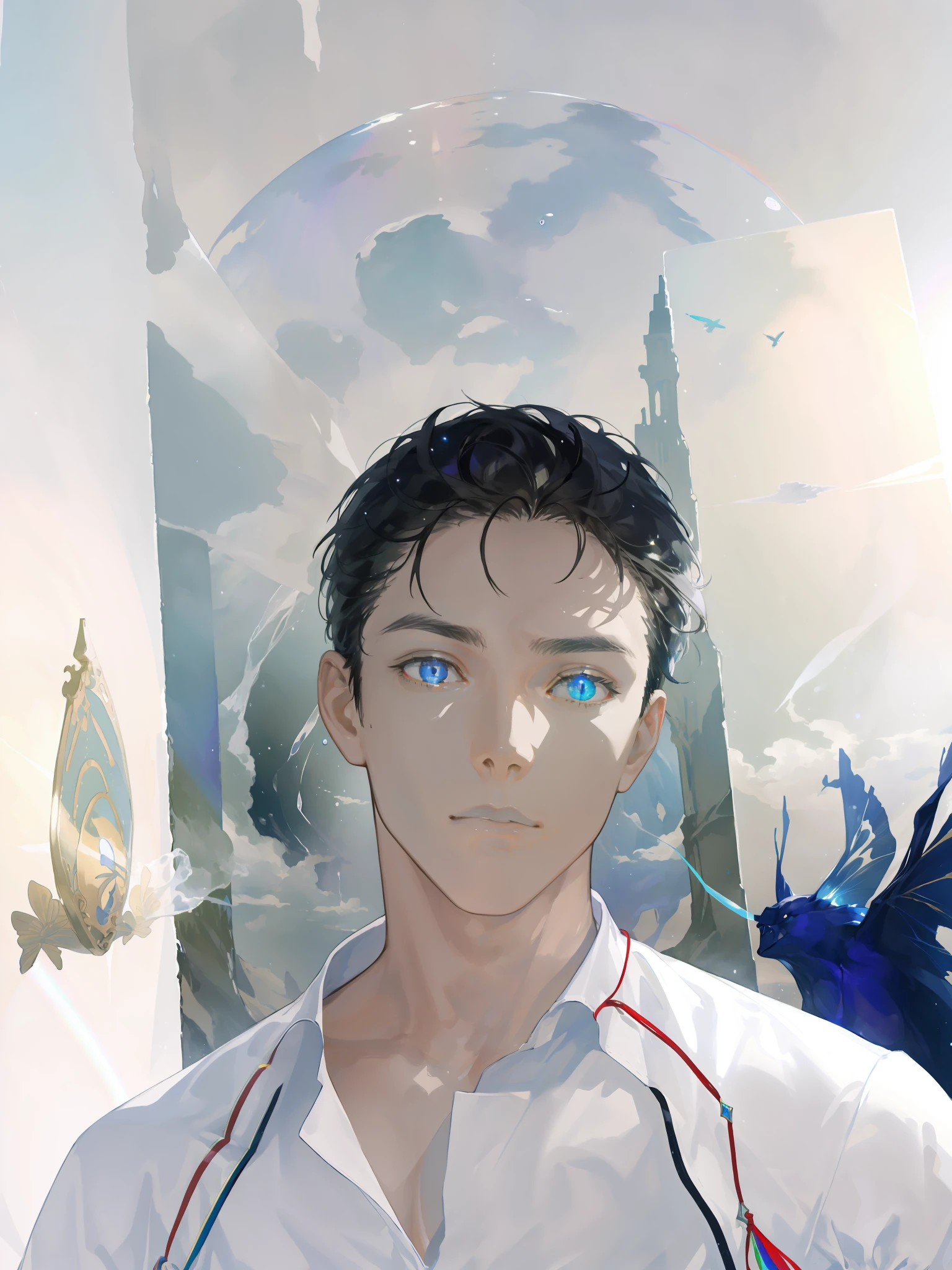 masterpiece, best quality, 1 male, adult, mature, tall muscular guy, Dark theme, Magic circle, bubble, rainbow Sunlight, Underwater, Reflected mirror, floating piece of Glass, Rainbow light, Bubble Swirling, wind Swirling, Aurora, fantasy scenery, Starlight around the character, (upper body)
