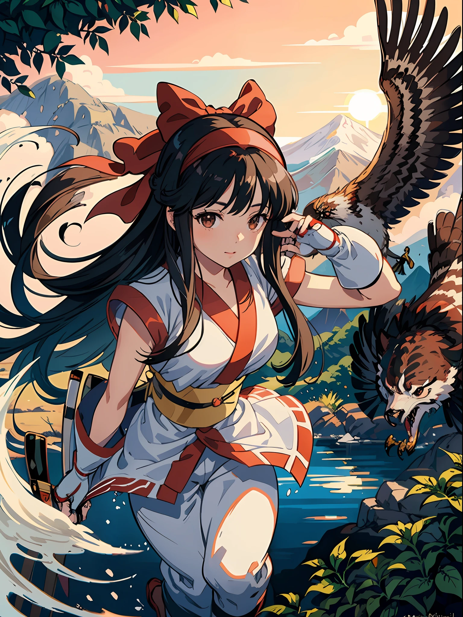 masterpiece, best quality,1girl, red bow, bow, long hair, hair bow, ainu clothes, solo, hairband, bird, black hair, fingerless gloves, short sleeves, gloves, sash, pants, bangs, red hairband, weapon, breasts, brown eyes, white pants, japanese clothes, nakoruru, light smile, officials art, good composition, official pose, detailed portrait, portrait, bokeh, mountain background with cloud, pencil style, traditional brush, samurai, onmyoji style, high resolution, dramatic lighting and shadow, sun flared, blurry foreground
