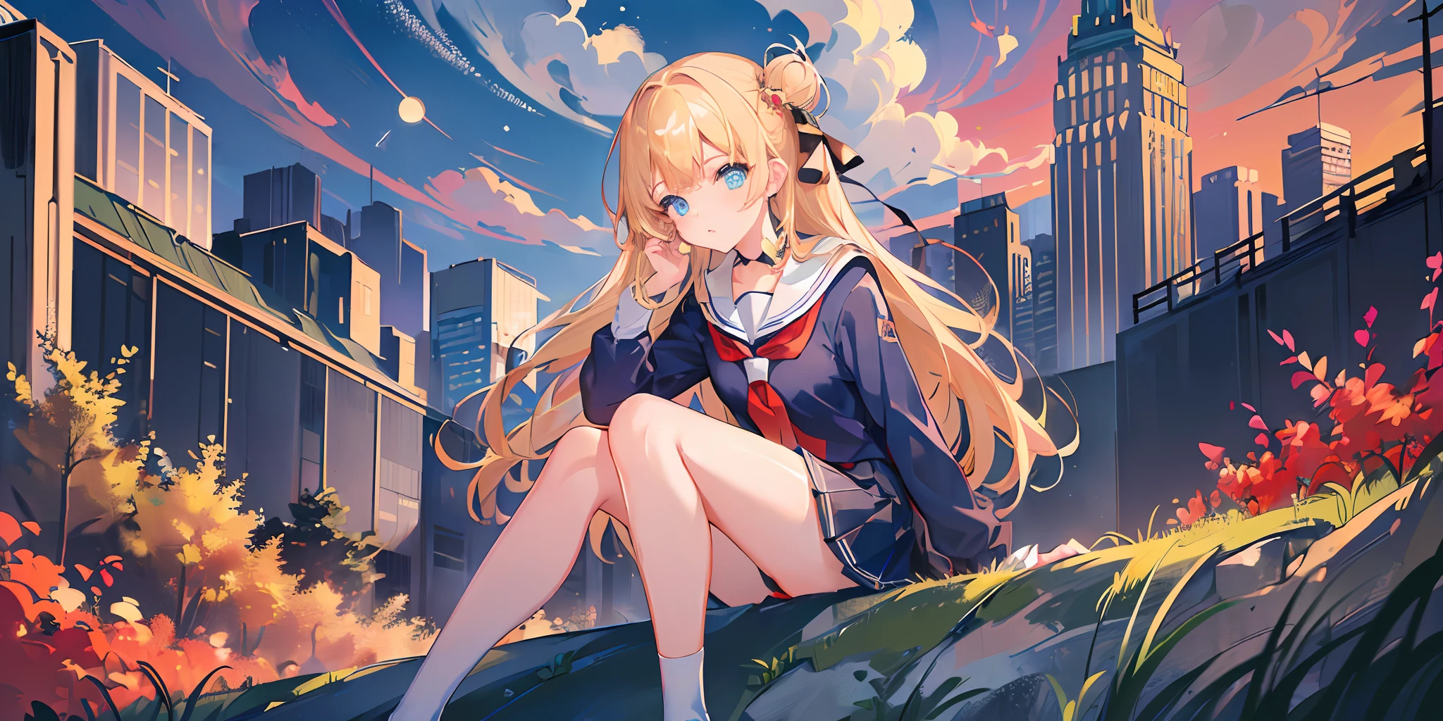 (((masterpiece: 1.5, best quality, high resolution: 1.3, super resolution, super detailed, ultra detailed:1.3, rich background:1.2))), ((close up)), 1girl, solo, green eyes, blonde long hair tied with blue ribbon, blunt bangs, cute hairpin, school uniform, white serafuku, red sailor collar, short sleeves, blue pleated skirt, (outdoor), ((sitting on the edge of cliff)), (on top of hill), ((city scenery behind: 1.3)), scenery, ((nighttime)), dark, (lowlight: 1.1), moon, (moonlight: 1.2), ((dynamic light: 1.4)), sky (falling meteors: 1.5)