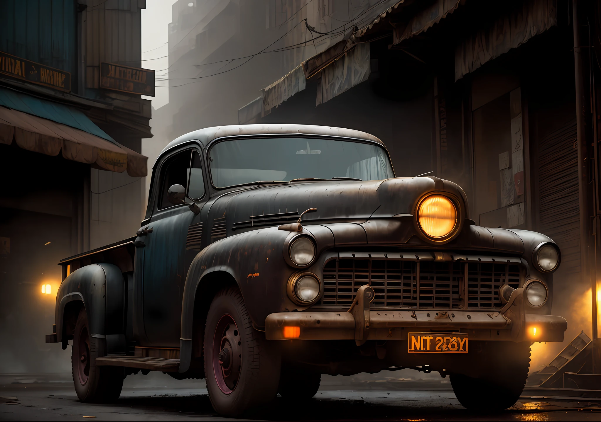 DENZEL WASHINGTON DARK PHOTO: Sitting next to an old truck, realistic epic, portrait of Halo, Atey Ghailan, Greg Rutkowski, Greg Tocchini, James Gilleard, Joe Fenton, Kaethe Butcher, yellow gradient, black, brown and magenta color scheme, grunge aesthetic!!! Graffiti brand wall background, art by Greg Rutkowski and Artgerm, soft cinematic light, Adobe Lightroom, Photo Lab, HDR, intricate, highly detailed, (depth of field: 1.4), faded, (neutral colors: 1.2), (HDR: 1.4), (soft colors:1.2), hyperdetailed, (Artstation:1.4), cinematic, warm lights, dramatic light, (intricate details:1.1), complex background, (Rutkowski:0.66), (blue and orange:0.4)