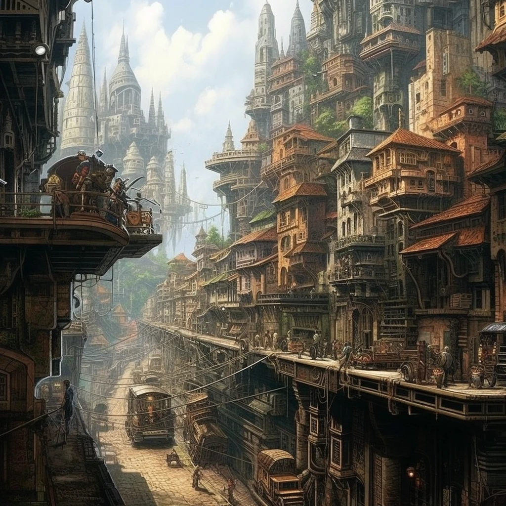 ((masterpiece)),((best quality)),((high detial)),((realistic,))
Industrial age city, deep canyons in the middle, architectural streets, bazaars, Bridges, rainy days, steampunk, European architecture