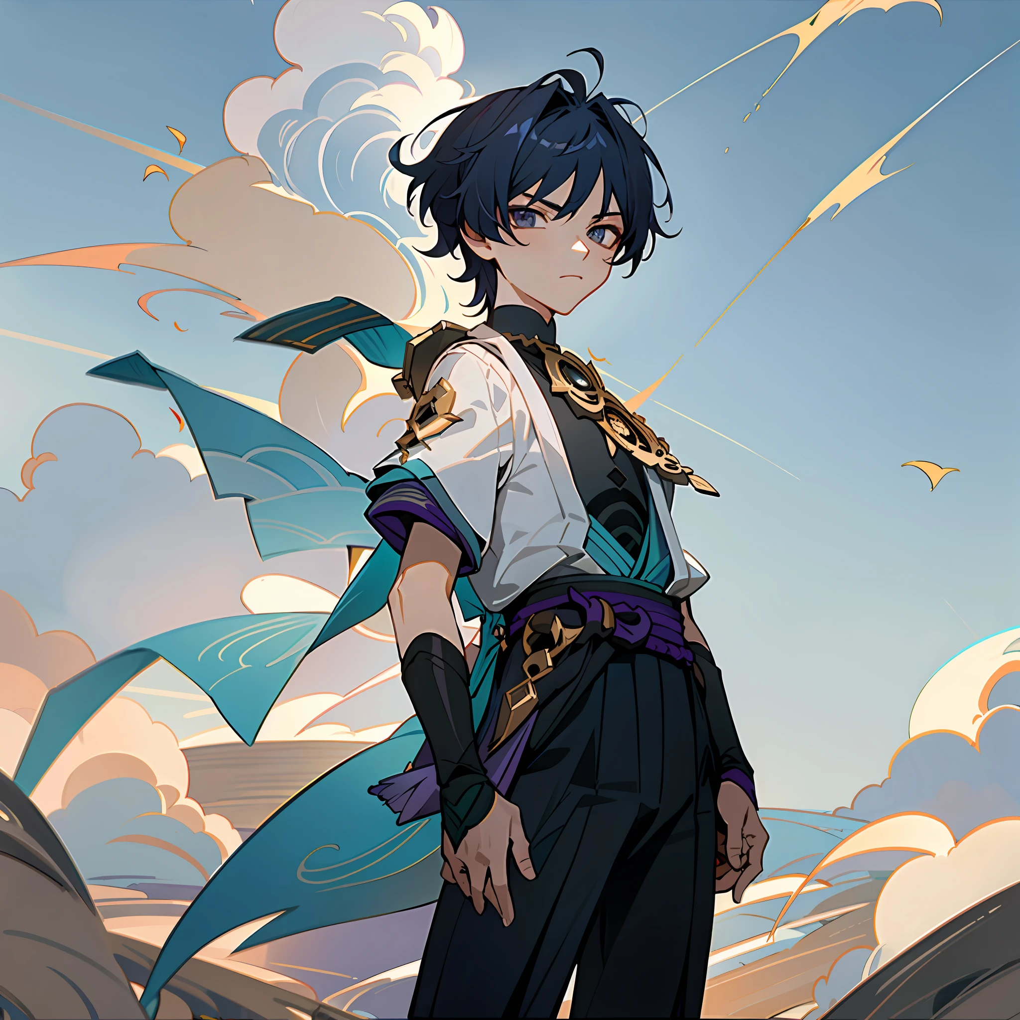 masterpiece, best quality, (vagrant: 1.2), letterbox, scaramouche (genshin impact), 1boy, male focus, solo, outdoors, cloud, standing, leaves, sky, hand wearing tiara, vest, (kbxll: 0.5)