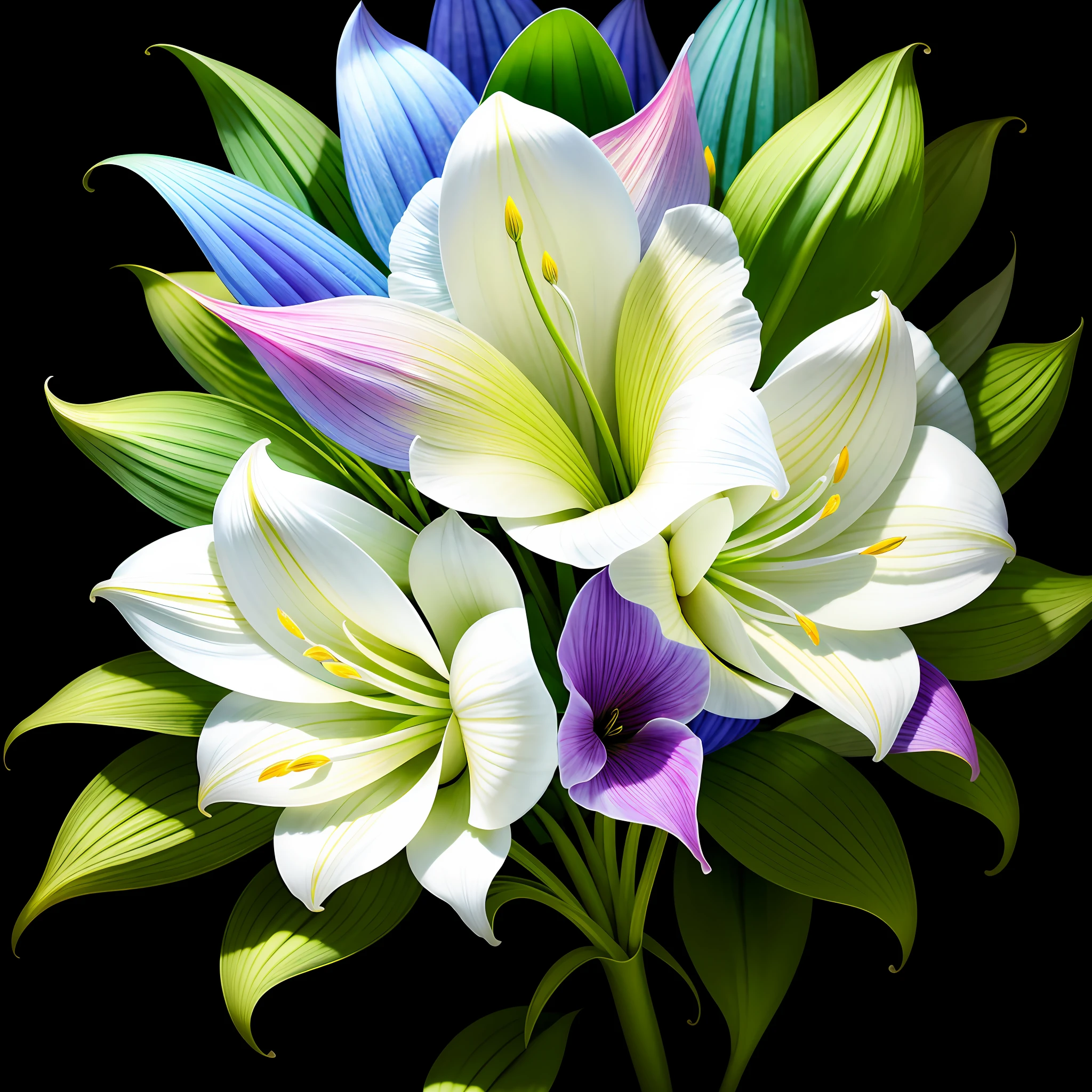 bouquet of delicate flowers Amaryllis, super transparent, holy light, beautiful spectral light, petals glow, flashing, dark background, transparent light drops, reflective light, bright, light flowing in, optics, portrait profile, sharp focus, magical, intricate, ultra realistic, fantasy, composition, light, trend in artstation, pearl, silver vapor patronus cloud, family of corrosive enveloping rays, 8k, ureal air 23v4 uplight