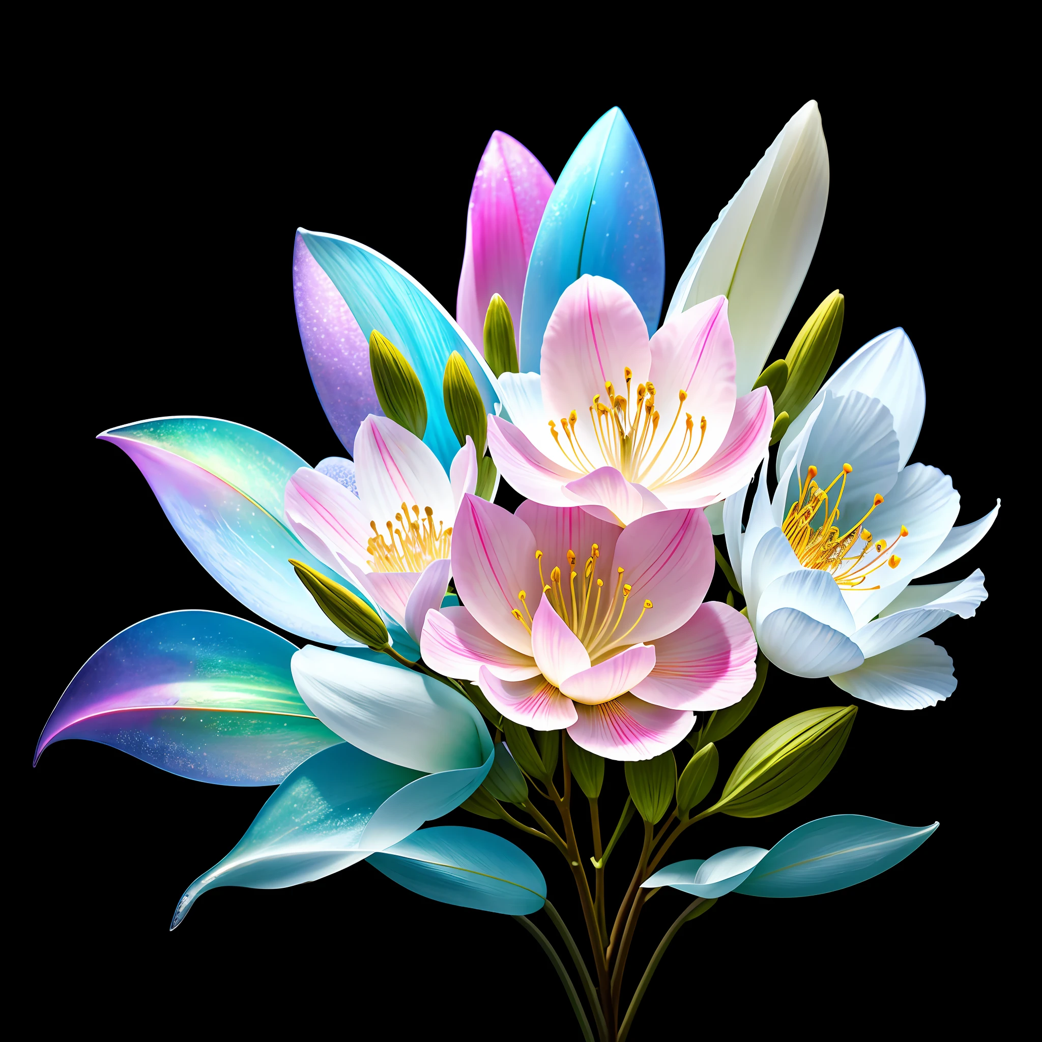 bouquet of delicate Azalea flowers, super transparent, holy light, beautiful spectral light, petals glow, flashing, dark background, transparent light drops, reflective light, bright, light flowing in, optics, portrait profile, sharp focus, magical, intricate, ultra realistic, fantasy, composition, light, trend in artstation, pearl, silver vapor patronus cloud, family of corrosive enveloping rays, 8k, ureal air 23v4 uplight
