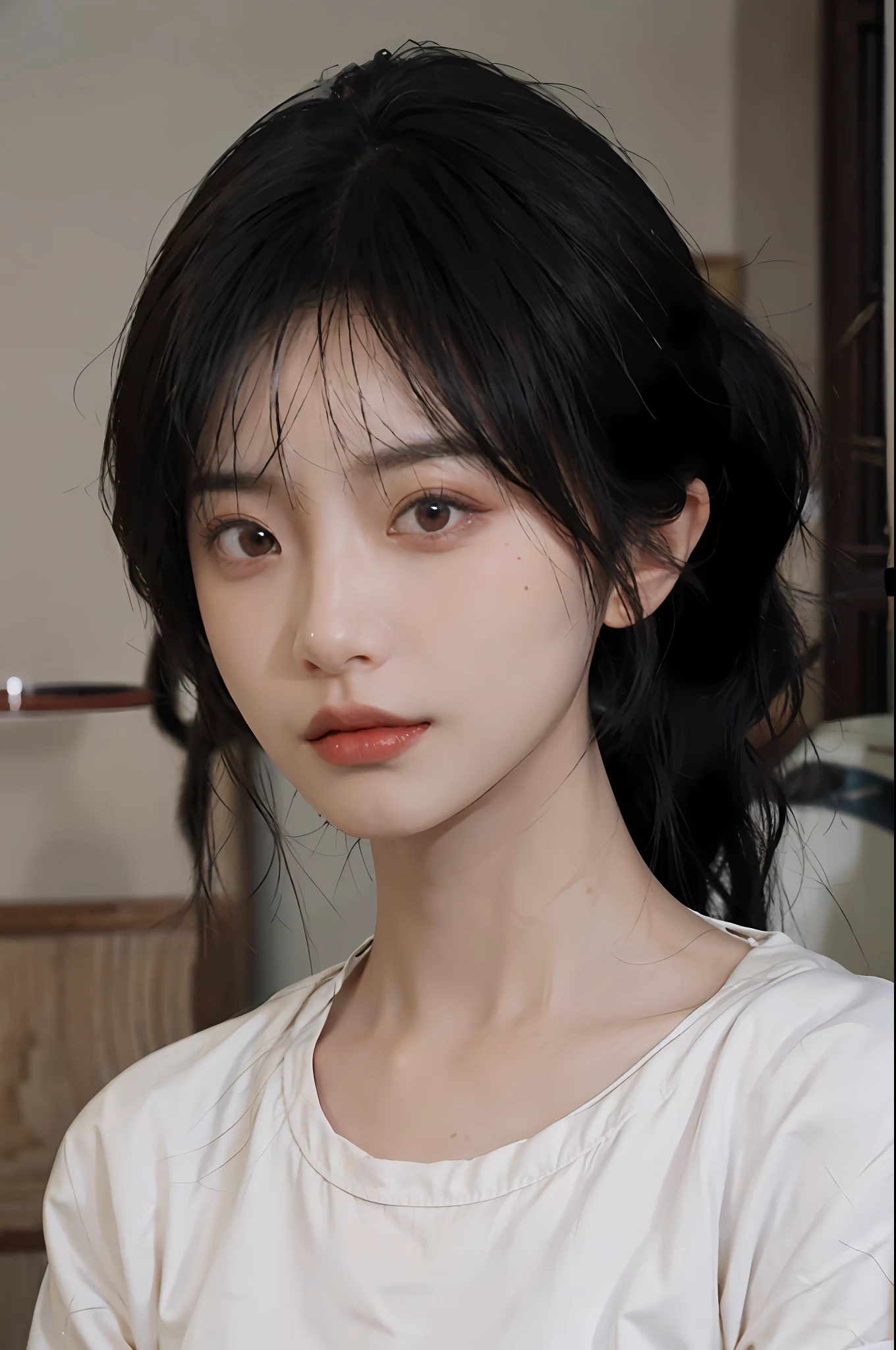 Temperament girl, delicate facial features, bangs, brown ponytail, messy hair, hair is very realistic, wearing a white shirt with short sleeves, the background is the sky, sea view, Du Qiong, exquisite makeup, light red lips, big eyes, double eyelids, black holes, bright eyes, symmetrical face, face is very real, meticulously portrayed the girl's face, blush, super high appearance, looking at the audience, very realistic skin, skin oil reflection, artwork, clothes with real fabric texture, realistic painting, film style, Photography level, ray tracing, realistic light and shadow effects, realism, masterpiece, just like the top photography effect, 8K