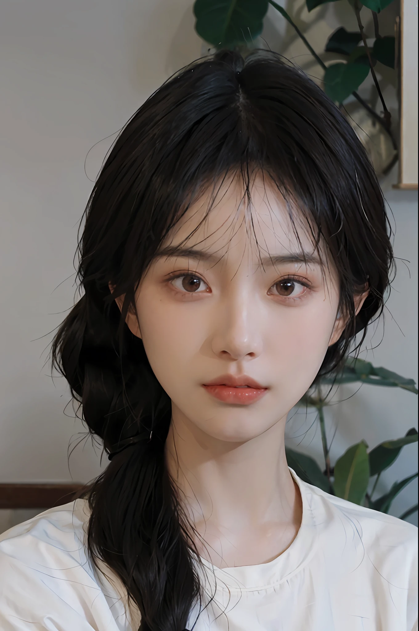 Temperament girl, delicate facial features, bangs, brown ponytail, messy hair, hair is very realistic, wearing a white shirt with short sleeves, the background is the sky, sea view, Du Qiong, exquisite makeup, light red lips, big eyes, double eyelids, black holes, bright eyes, symmetrical face, face is very real, meticulously portrayed the girl's face, blush, super high appearance, looking at the audience, very realistic skin, skin oil reflection, artwork, clothes with real fabric texture, realistic painting, film style, Photography level, ray tracing, realistic light and shadow effects, realism, masterpiece, just like the top photography effect, 8K