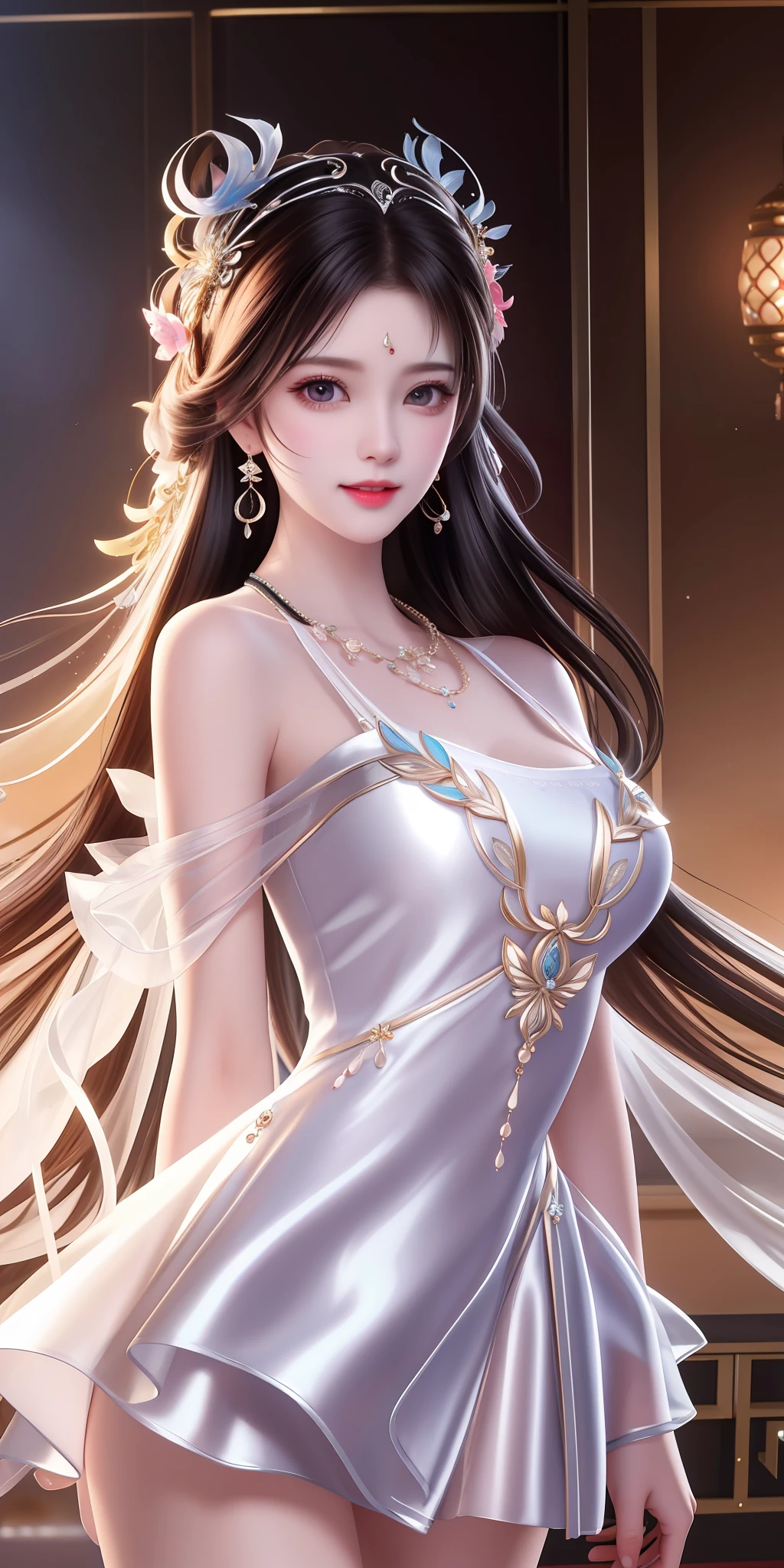 Best quality, masterpiece, high resolution, 1girl, clear silk porcelain dress, beautiful face, hair accessories, looking at the audience, smiling, close your mouth, lips, dress, hair accessories, necklaces, jewelry, long hair, earrings, beautiful face, on the body, Tindal effect, realism, dark studio, edge lighting, two-tone lighting, (high detail skin: 1.2), 8k UHD, DSLR, soft light, high quality, volumetric lighting, photo, high resolution 4K, 8k, blurred background