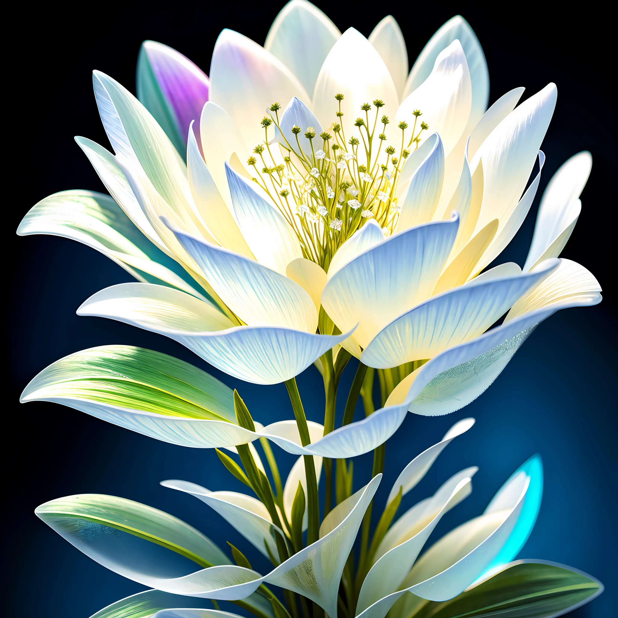 bouquet of delicate flowers Gypsophila (mosquito), super transparent, holy light, beautiful spectral light, petals glow, flashing, dark background, drops of light transparent, reflective light, bright, light flowing in, optics, profile portrait, sharp focus, magical, intricate, ultra realistic, fantasy, composition, light, trend in artstation, pearl, silver vapor patronus cloud, family of corrosive enveloping rays, 8k, ureal air 23v4 uplight