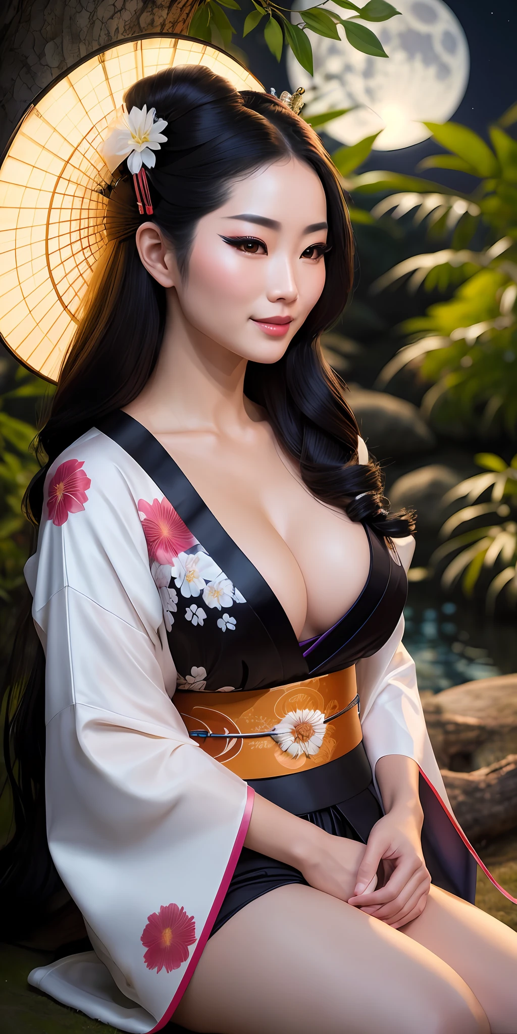 A gorgeous sexy 23-year-old geisha with flowing flowing hair loose, (photorealistic:photorealistic, 8K masterpiece), short black and white curt kimono with bright neon flower details, sitting under a futuristic tree trunk (science fiction) with a bright full moon behind (hyperrealistic:realistic intricate details), smiling: sensual features, (texture and well-detailed ambience perfect lighting).