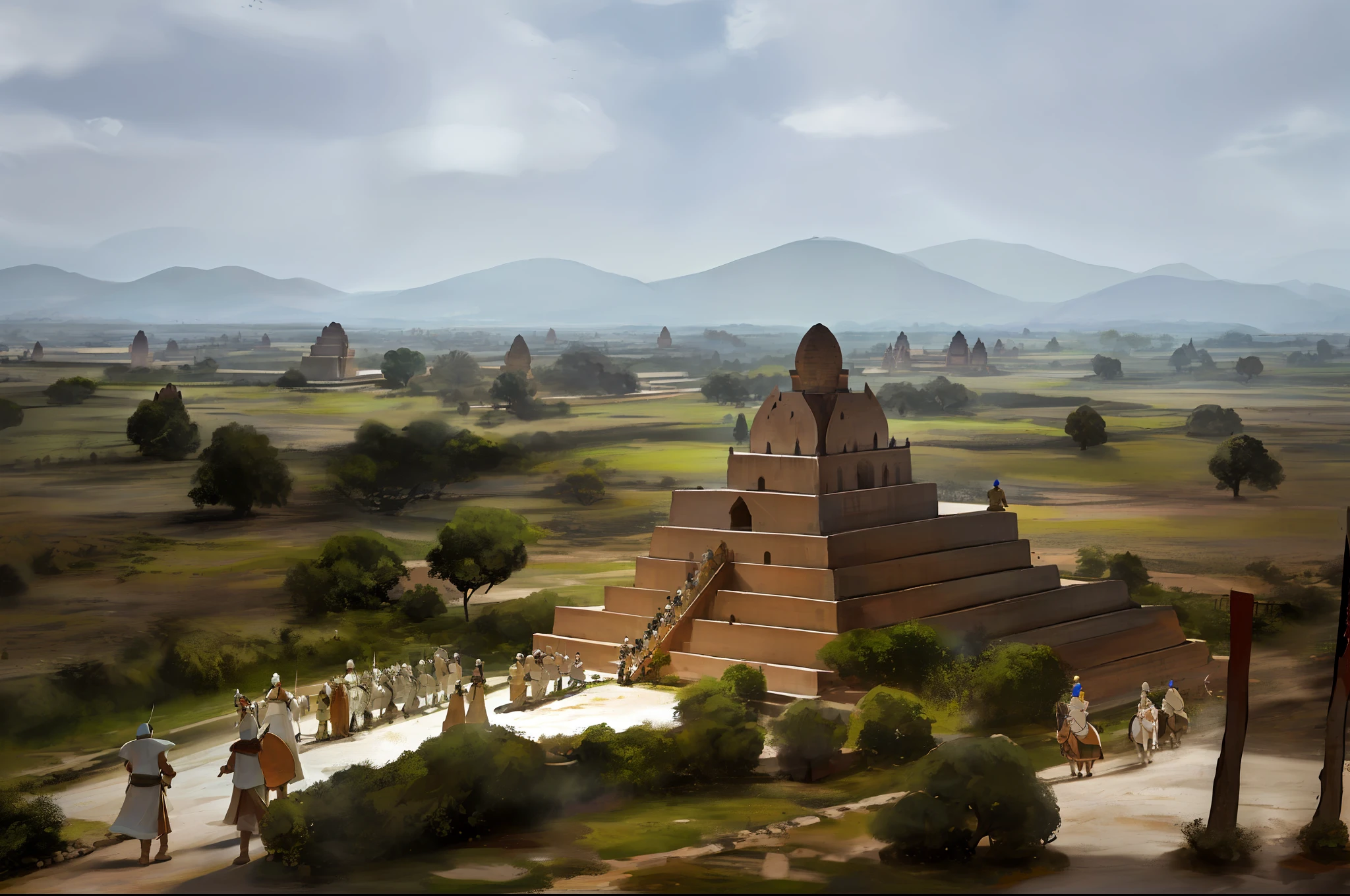 Draw a photo of ancient bagan, Hight quality, people are walking around by riding white elephant(detail), The king wandered around the palace(detail),the swordman troops, Cavalry troops,