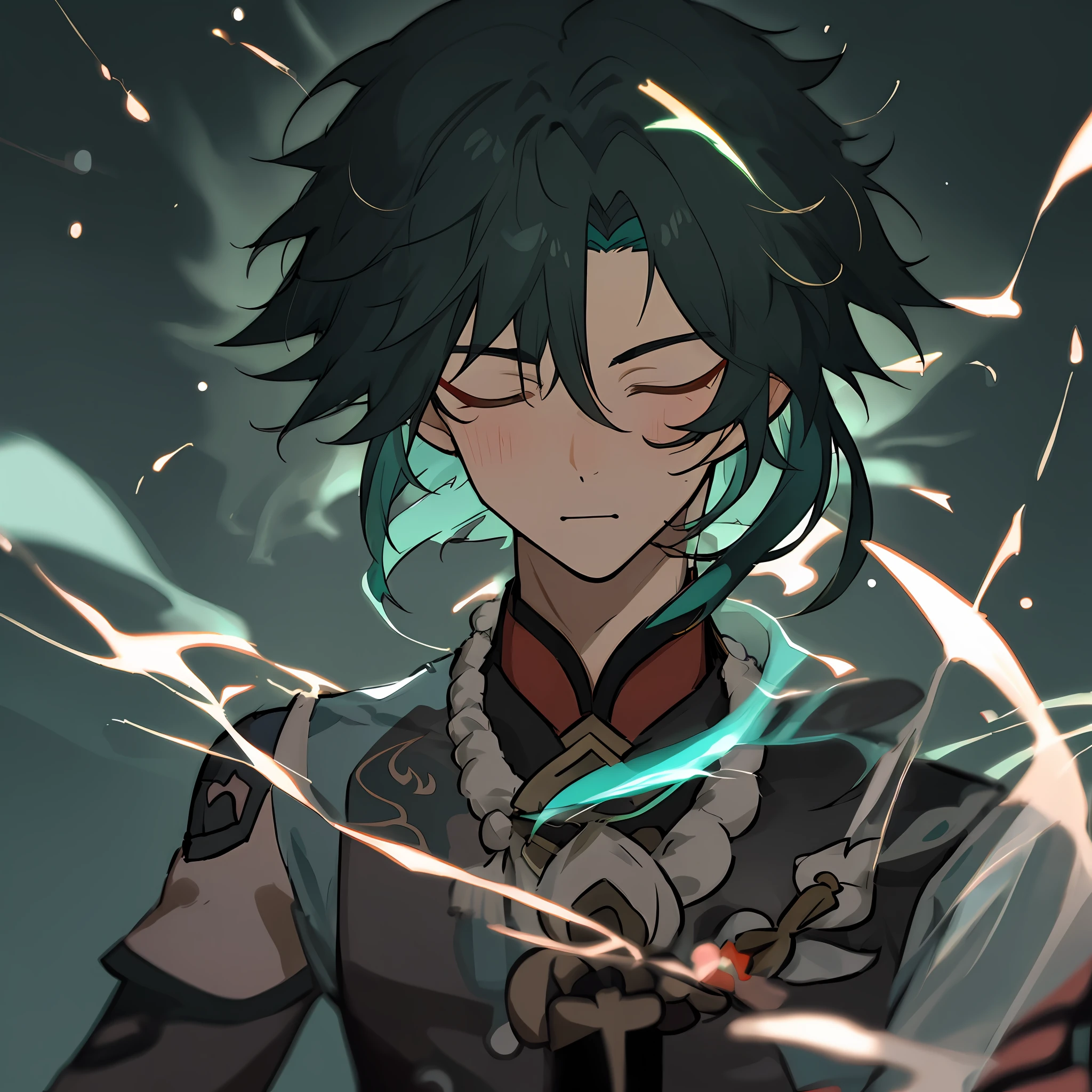 Xiao, Xiao from Genshin Impact, handsome, young boy, black hair, depressed environment, dark background
