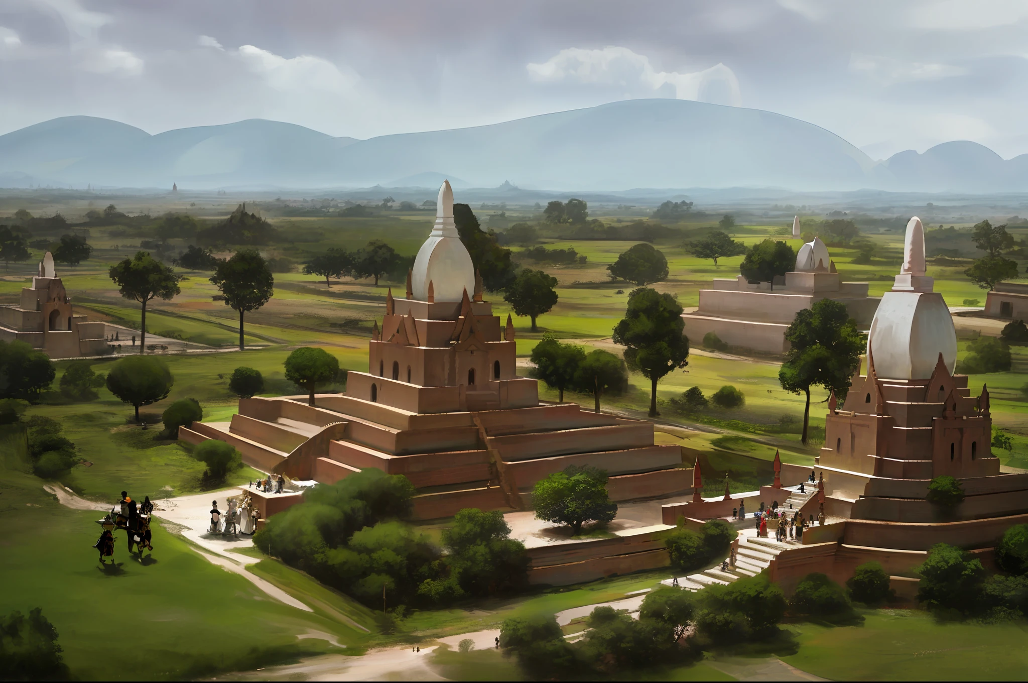 Draw a photo of ancient bagan, Hight quality, people are walking around by riding white elephant(detail), The king wandered around the palace(detail),the swordman troops, Cavalry troops,